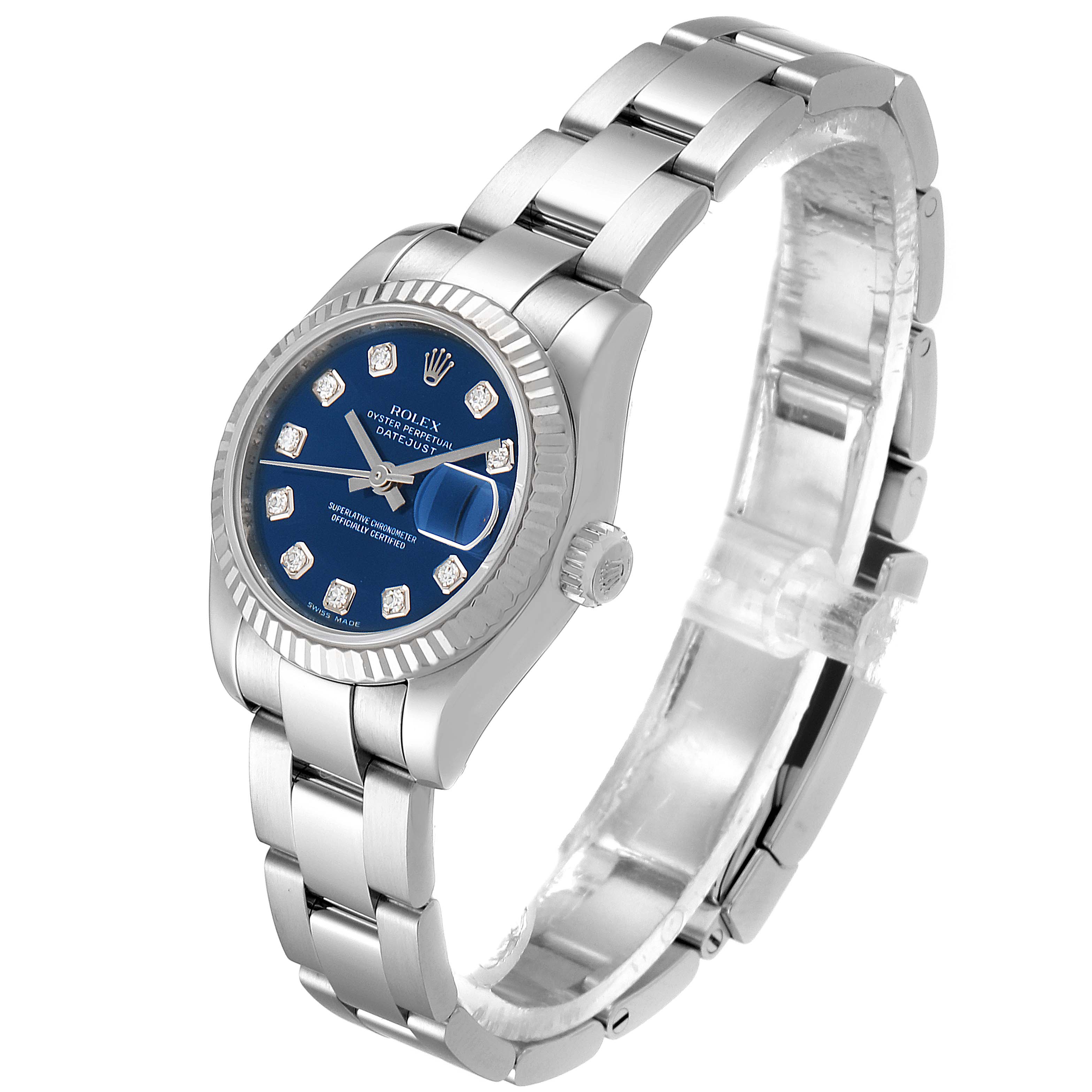 The image shows a Rolex Datejust 179174 Women's Stainless Steel Blue Dial 179174 Women's Stainless Steel Blue Dial watch at a slight side angle, highlighting the bracelet, crown, and blue dial.