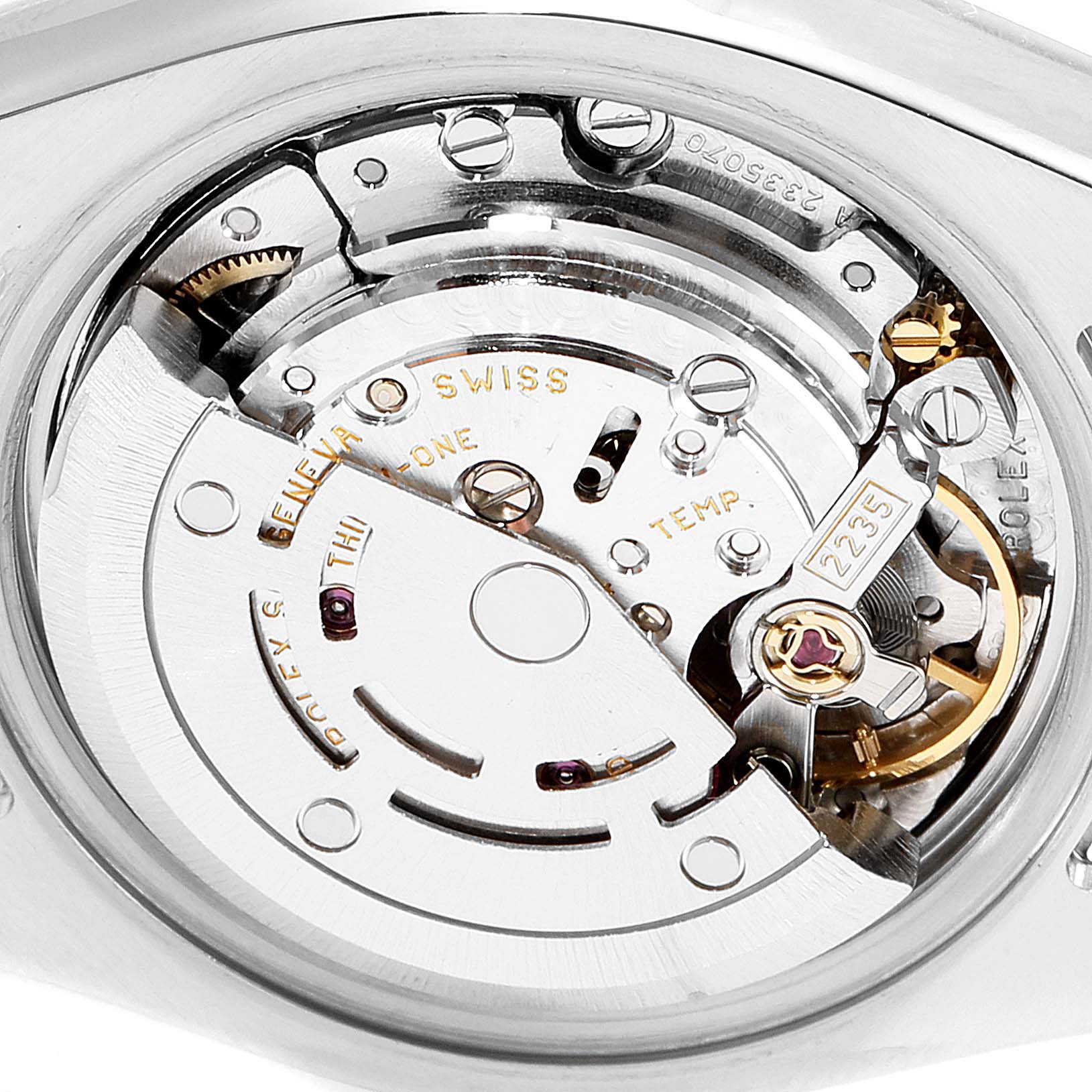 This is a close-up of the internal mechanism of a Rolex Datejust 179174 Women's Stainless Steel Blue Dial 179174 Women's Stainless Steel Blue Dial watch, showcasing the intricate movement components.