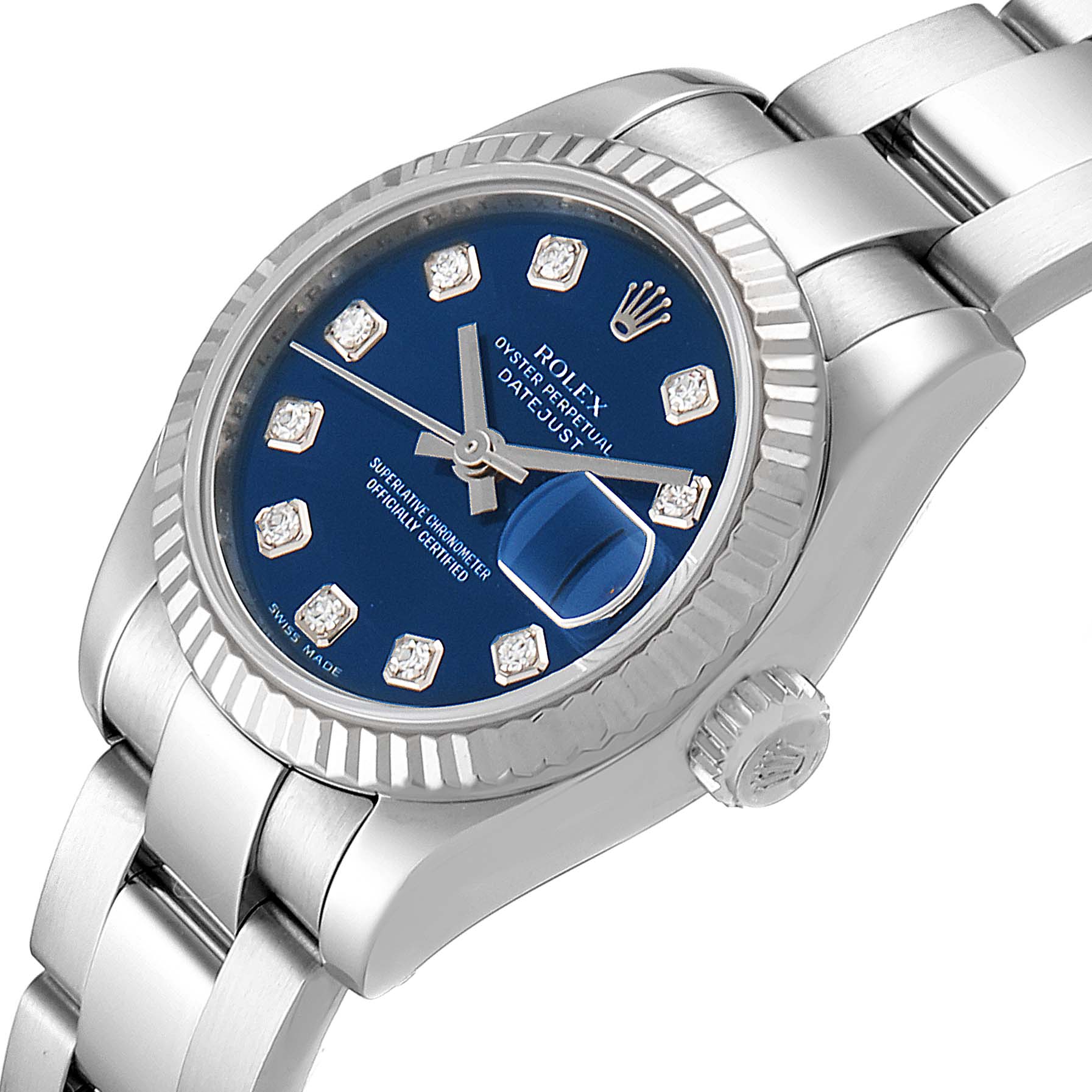 The image shows a Rolex Datejust 179174 Women's Stainless Steel Blue Dial 179174 Women's Stainless Steel Blue Dial watch at an oblique angle featuring its face, crown, and part of the stainless steel bracelet.