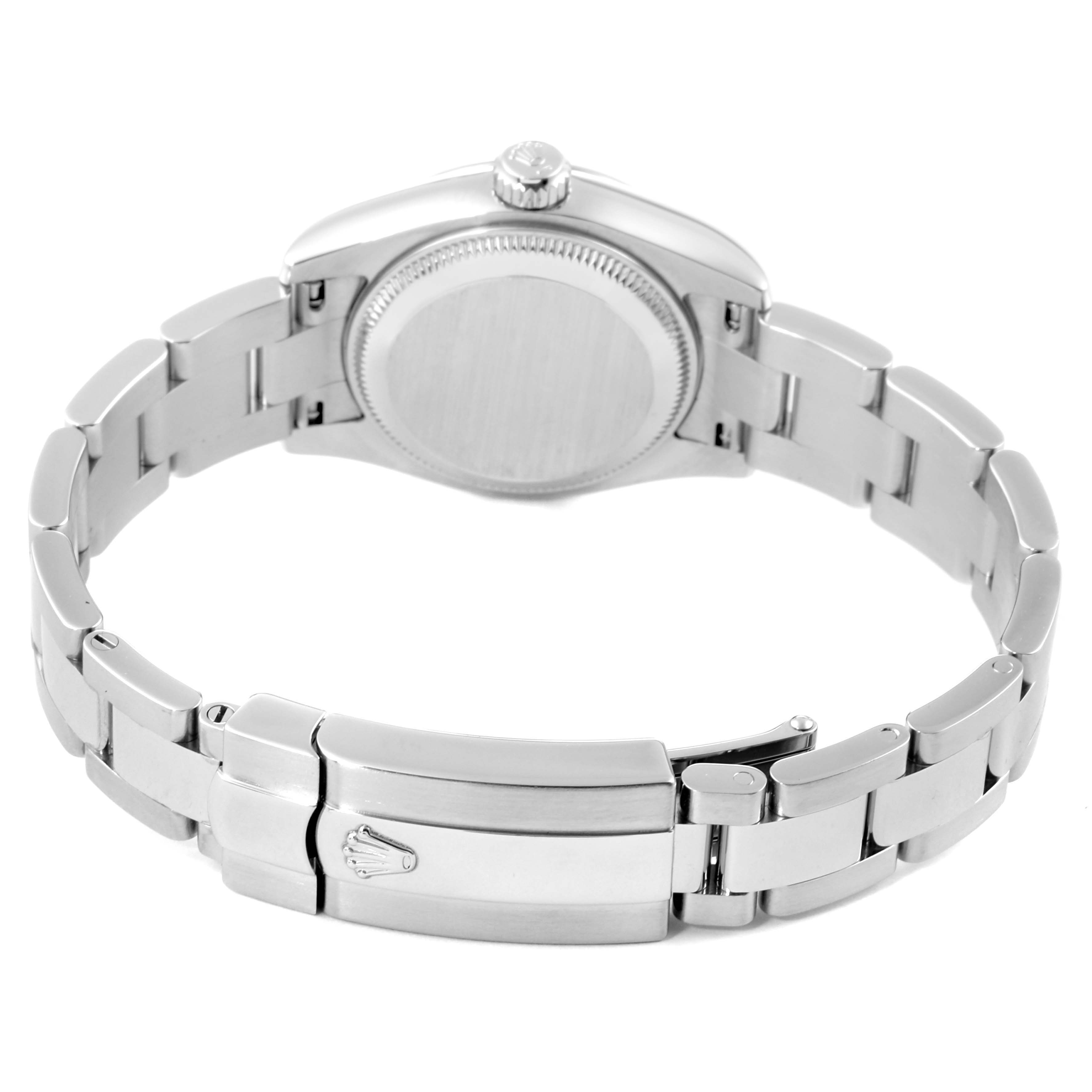 The image shows the back and clasp of a Rolex Datejust 179174 Women's Stainless Steel Blue Dial 179174 Women's Stainless Steel Blue Dial watch, highlighting the bracelet and case back.