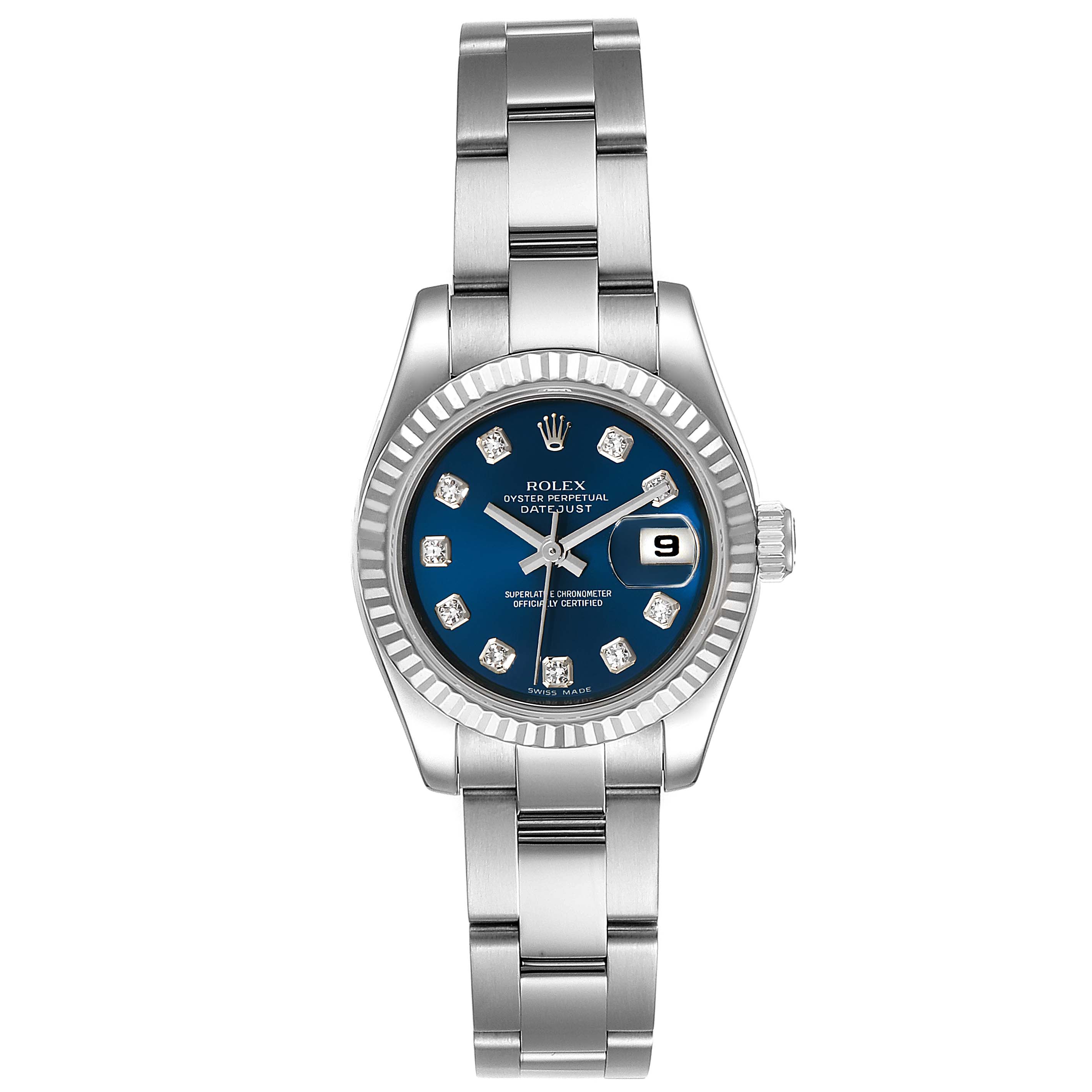 This image shows a front view of a Rolex Datejust 179174 Women's Stainless Steel Blue Dial 179174 Women's Stainless Steel Blue Dial watch, featuring its bracelet, bezel, dial, hands, and date window.