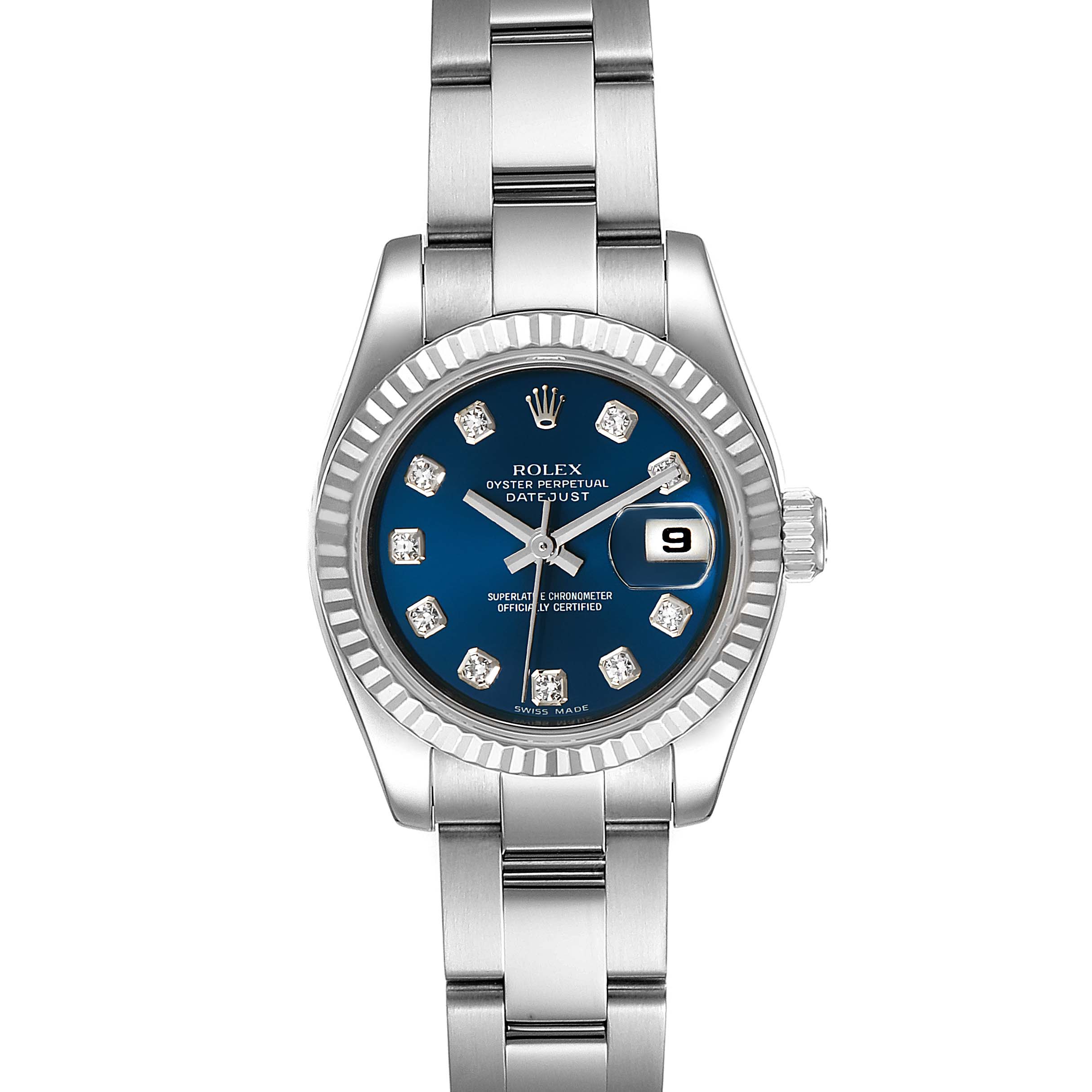 This image shows a front view of a Rolex Datejust 179174 Women's Stainless Steel Blue Dial 179174 Women's Stainless Steel Blue Dial watch, highlighting its blue dial and metal bracelet.