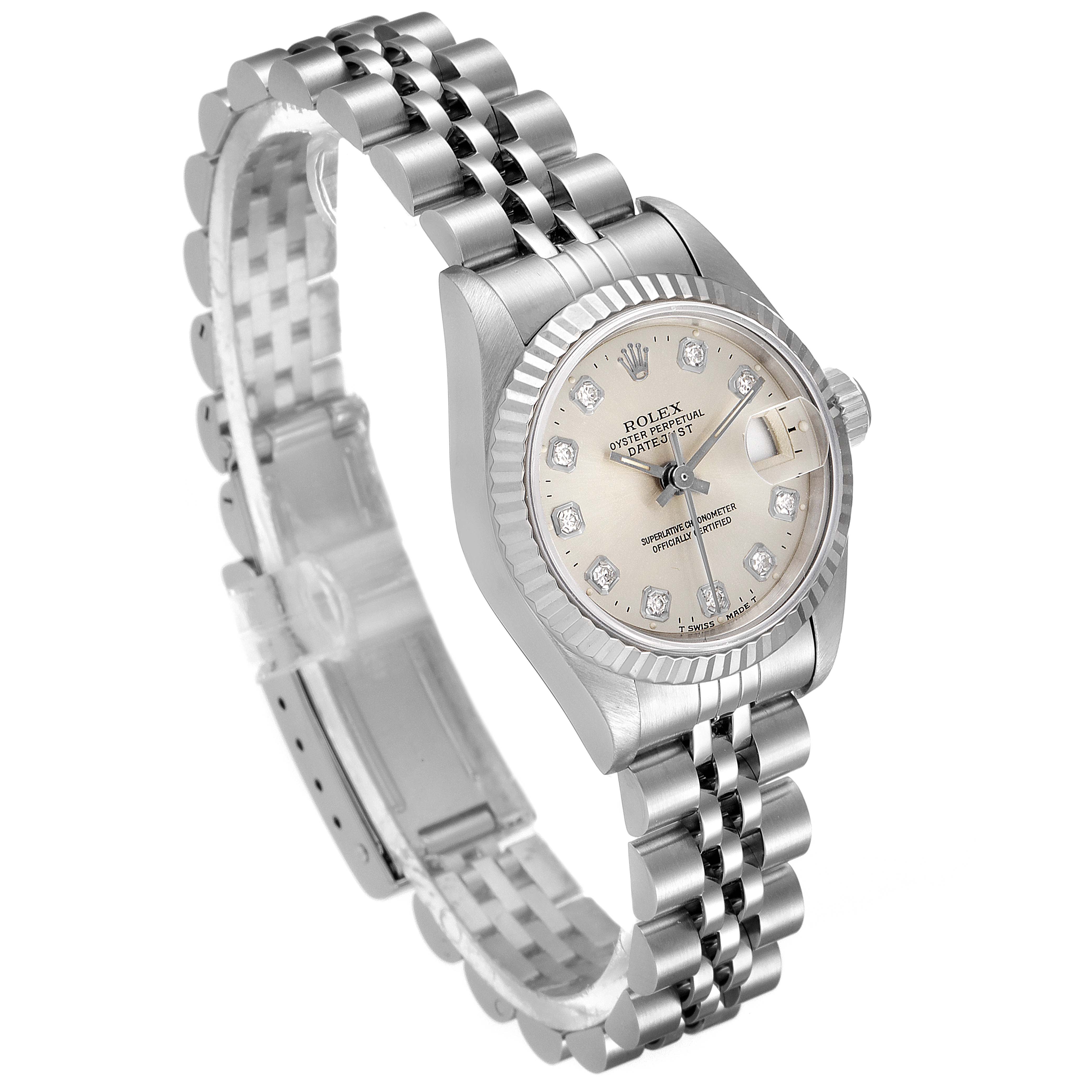 The Rolex Datejust 69174 Women's Stainless Steel Silver Dial 69174 Women's Stainless Steel Silver Dial watch is shown at an angle displaying its face, bezel, and bracelet.