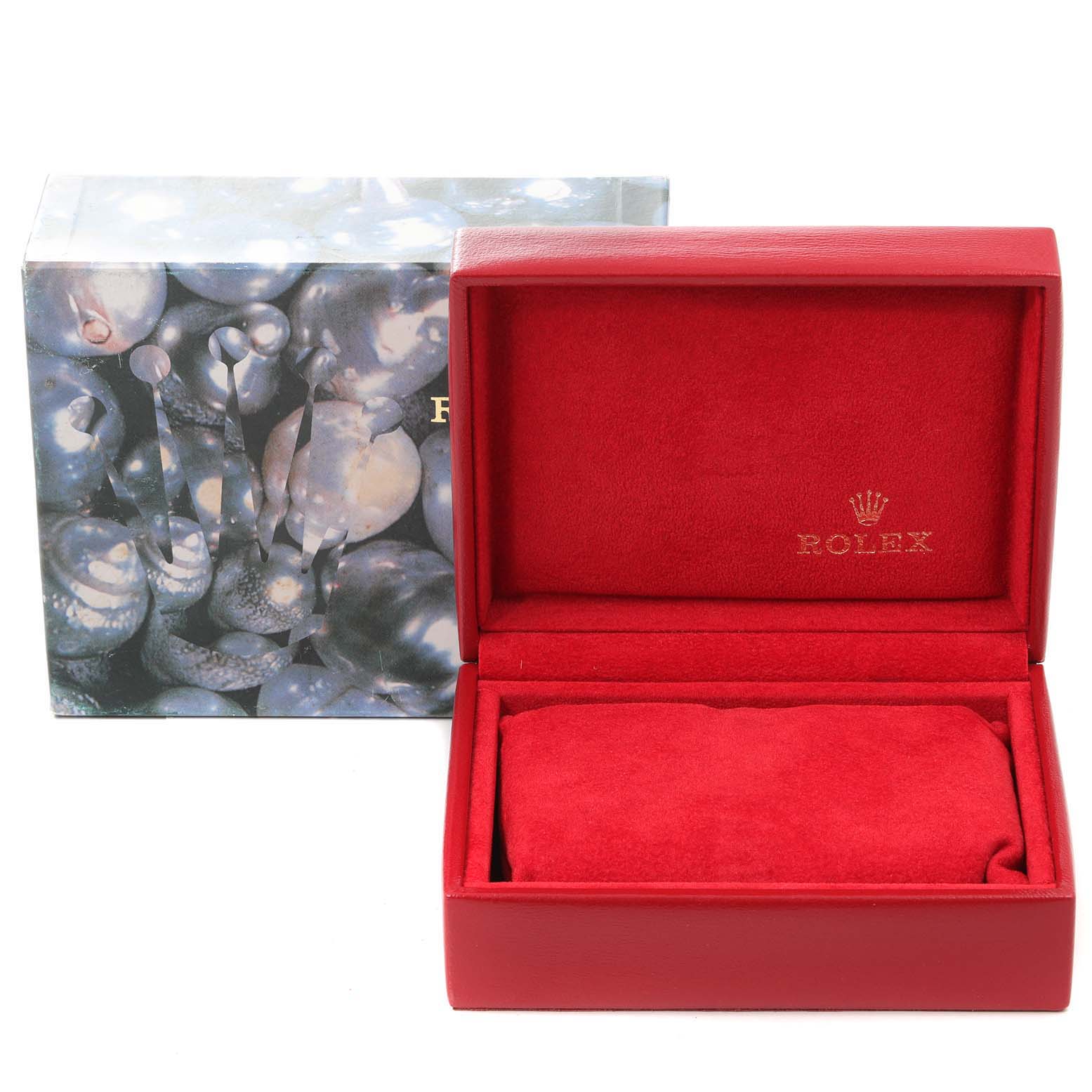 The image shows a red Rolex Datejust 69174 Women's Stainless Steel Silver Dial 69174 Women's Stainless Steel Silver Dial watch box and outer sleeve from a front angle.