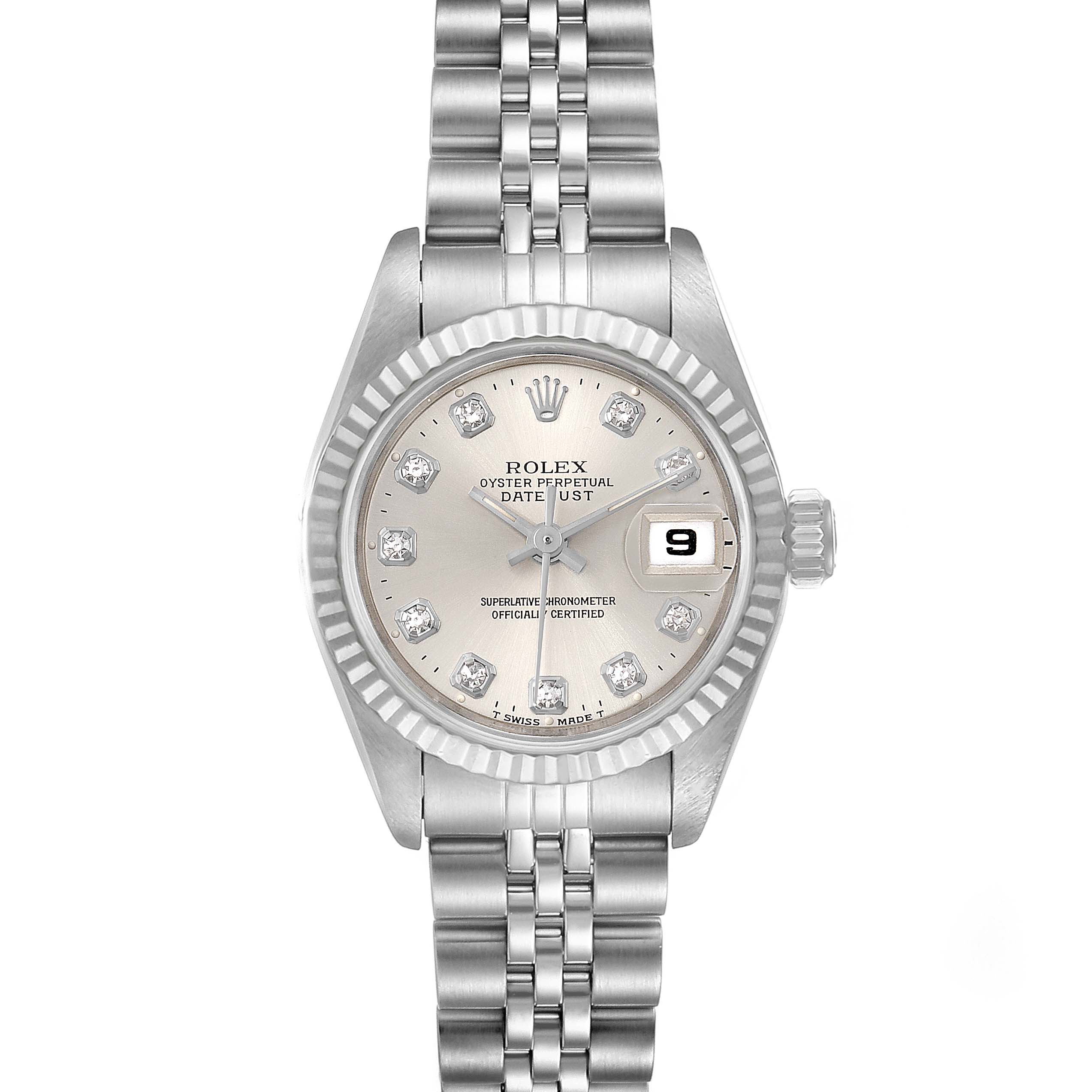 The image shows a front view of a Rolex Datejust 69174 Women's Stainless Steel Silver Dial 69174 Women's Stainless Steel Silver Dial watch, displaying the face, bezel, and bracelet.