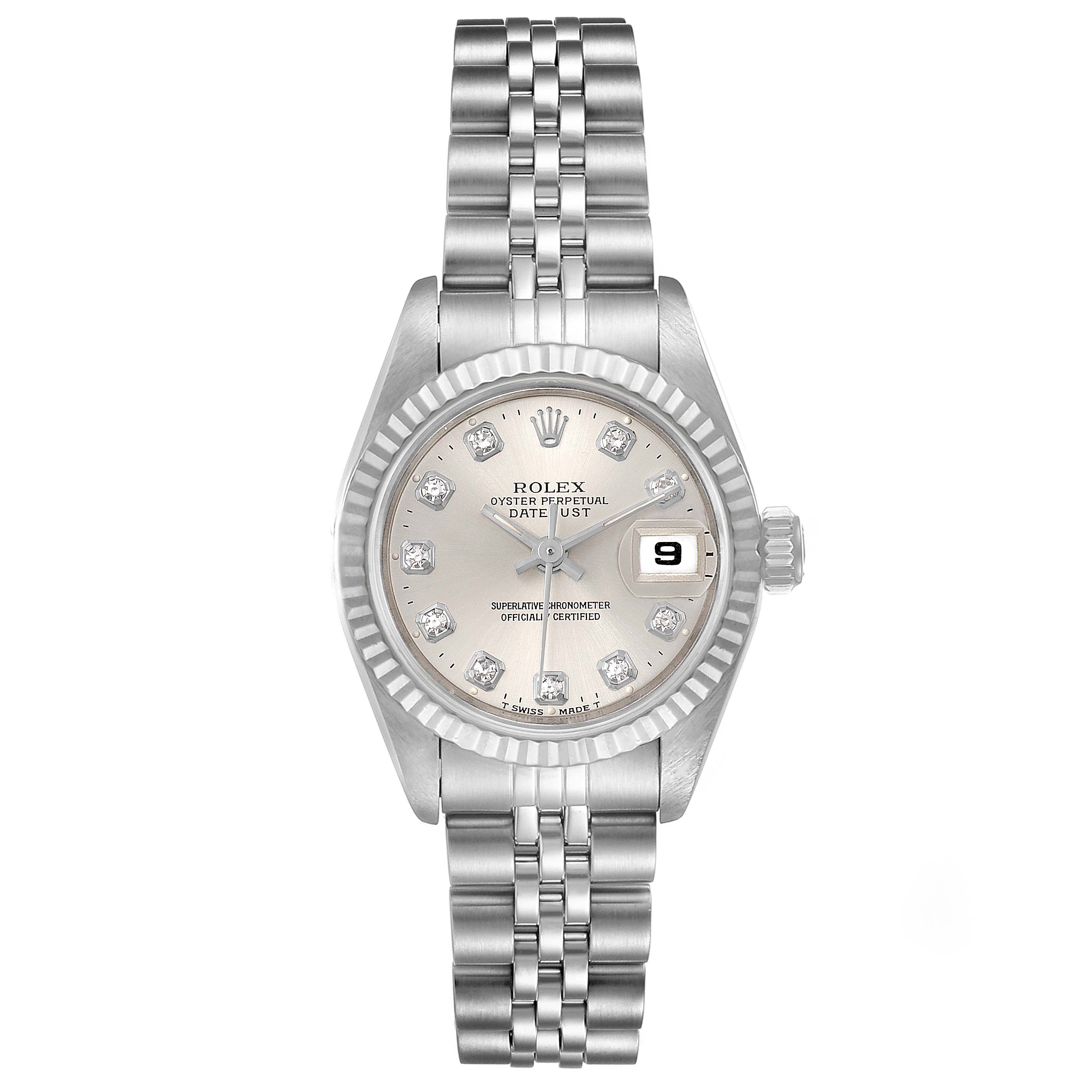 The Rolex Datejust 69174 Women's Stainless Steel Silver Dial 69174 Women's Stainless Steel Silver Dial watch is shown from a top-down angle, displaying its face, bezel, and bracelet.