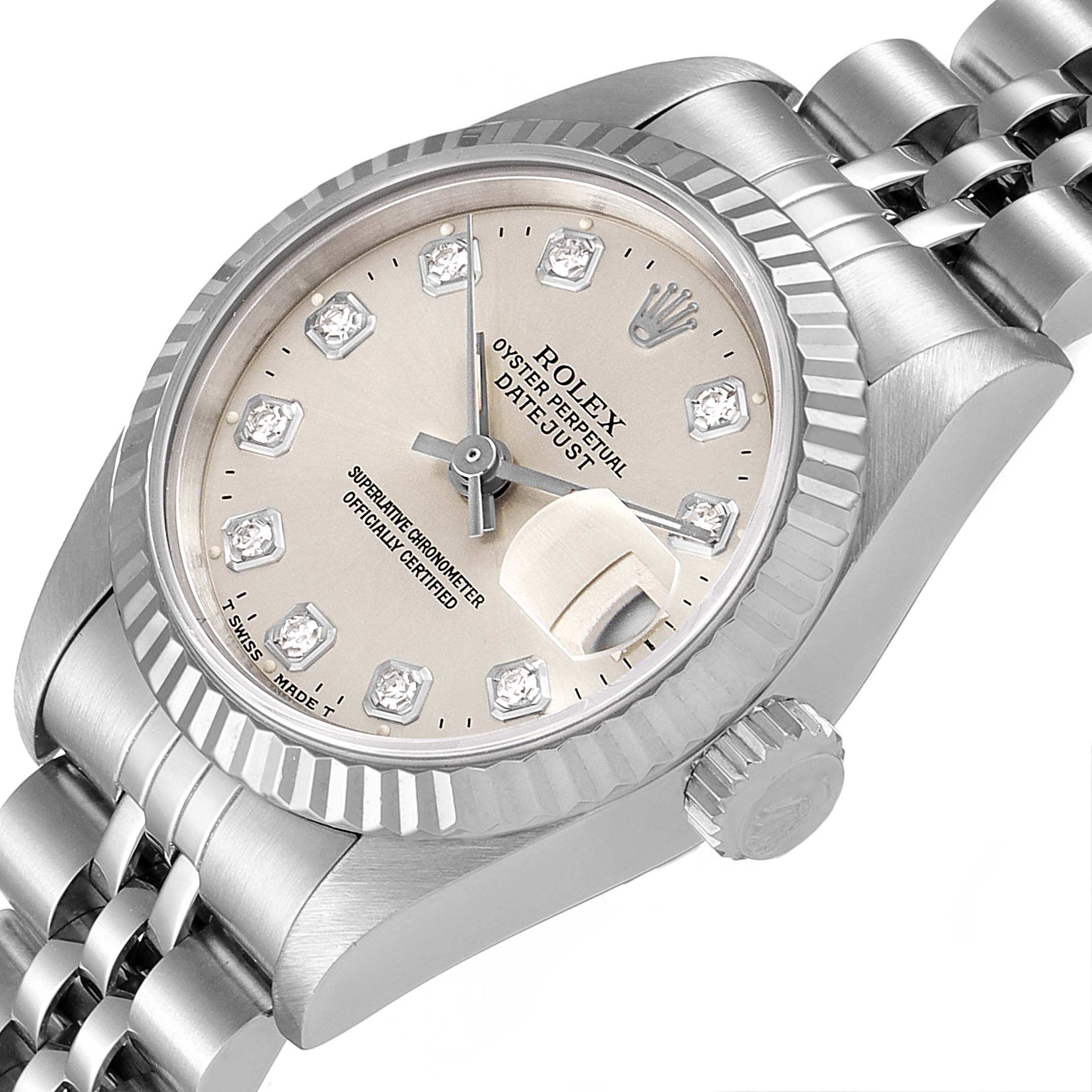 The image shows the face and part of the bracelet of a Rolex Datejust 69174 Women's Stainless Steel Silver Dial 69174 Women's Stainless Steel Silver Dial watch angled slightly to the side.