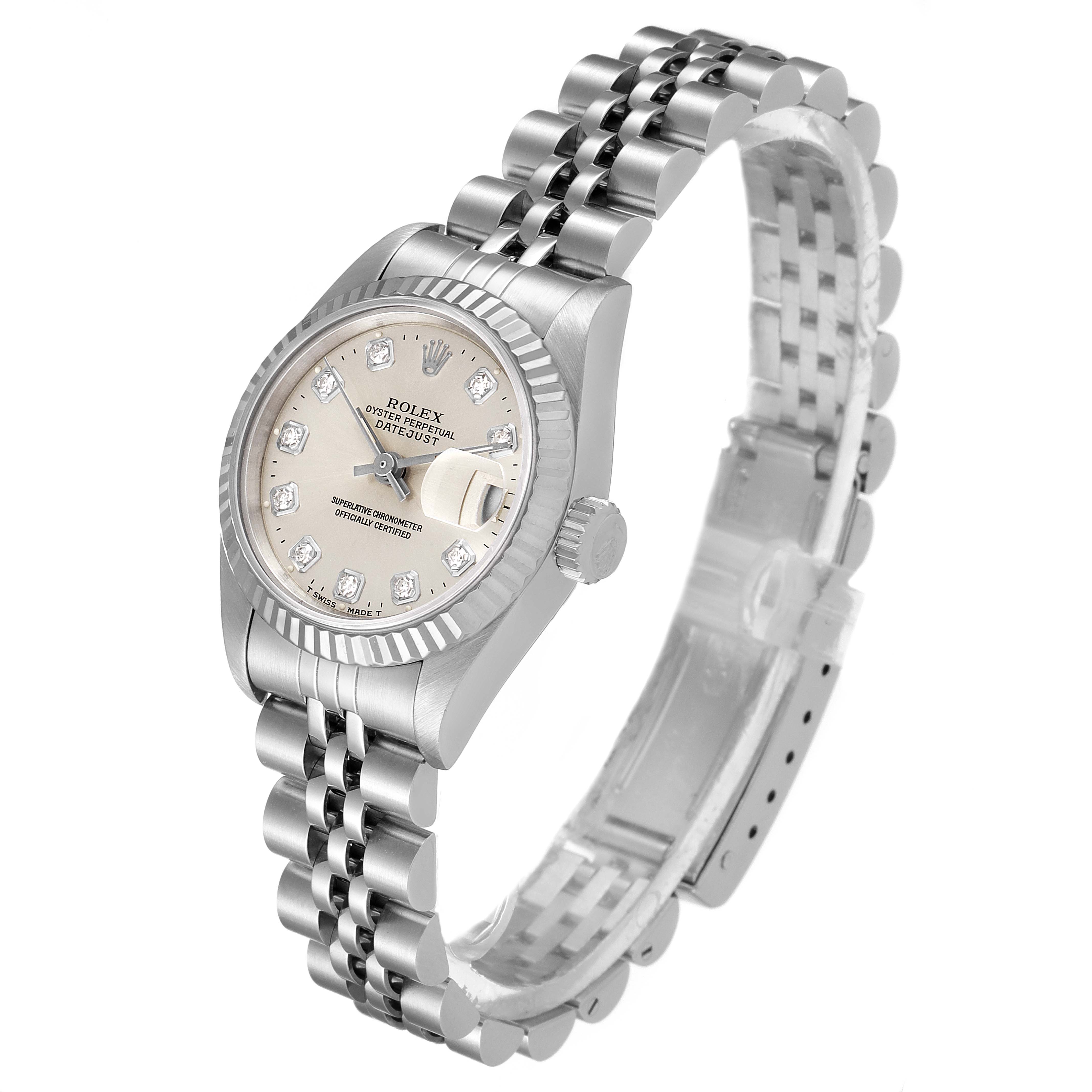 A Rolex Datejust 69174 Women's Stainless Steel Silver Dial 69174 Women's Stainless Steel Silver Dial watch is shown at a slightly tilted angle, showcasing its face, bezel, crown, and bracelet.