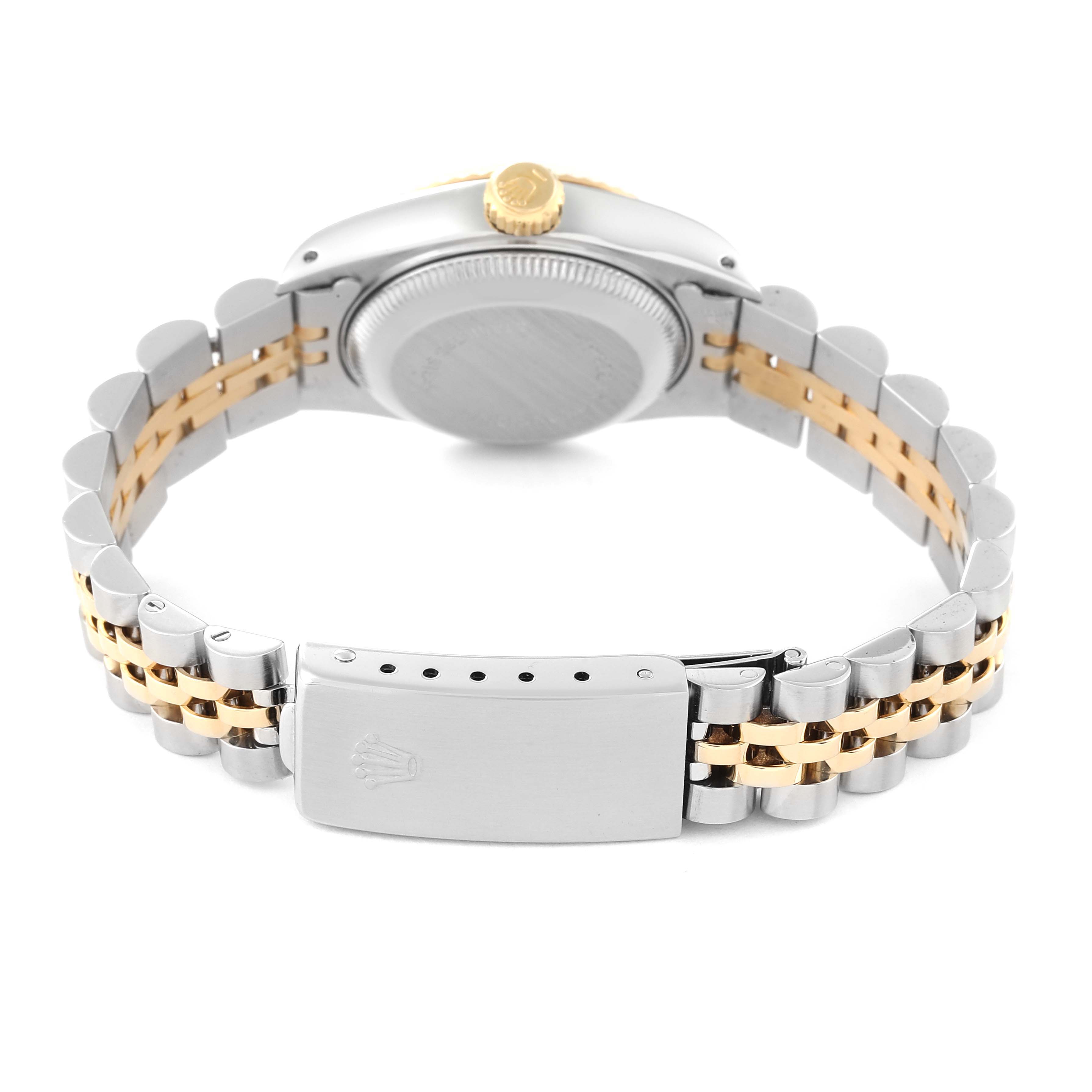 This image shows the back view of a Rolex Datejust 69173G Women's Steel and Gold (two tone) Champagne Dial 69173G Women's Steel and Gold (two tone) Champagne Dial watch, focusing on the bracelet, clasp, and crown.