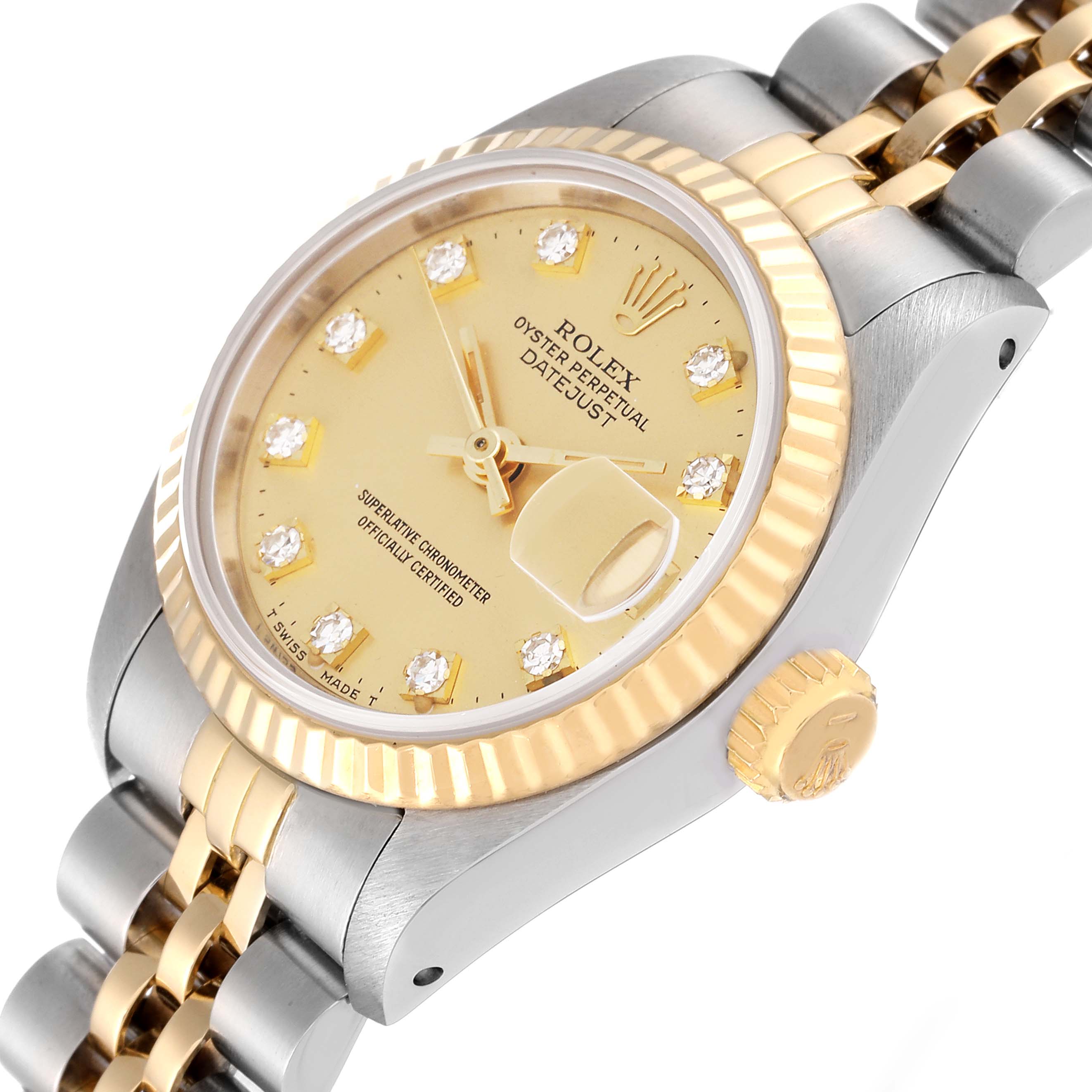 The image shows a Rolex Datejust 69173G Women's Steel and Gold (two tone) Champagne Dial 69173G Women's Steel and Gold (two tone) Champagne Dial watch from an angled side view, highlighting its dial, bezel, crown, and bracelet.