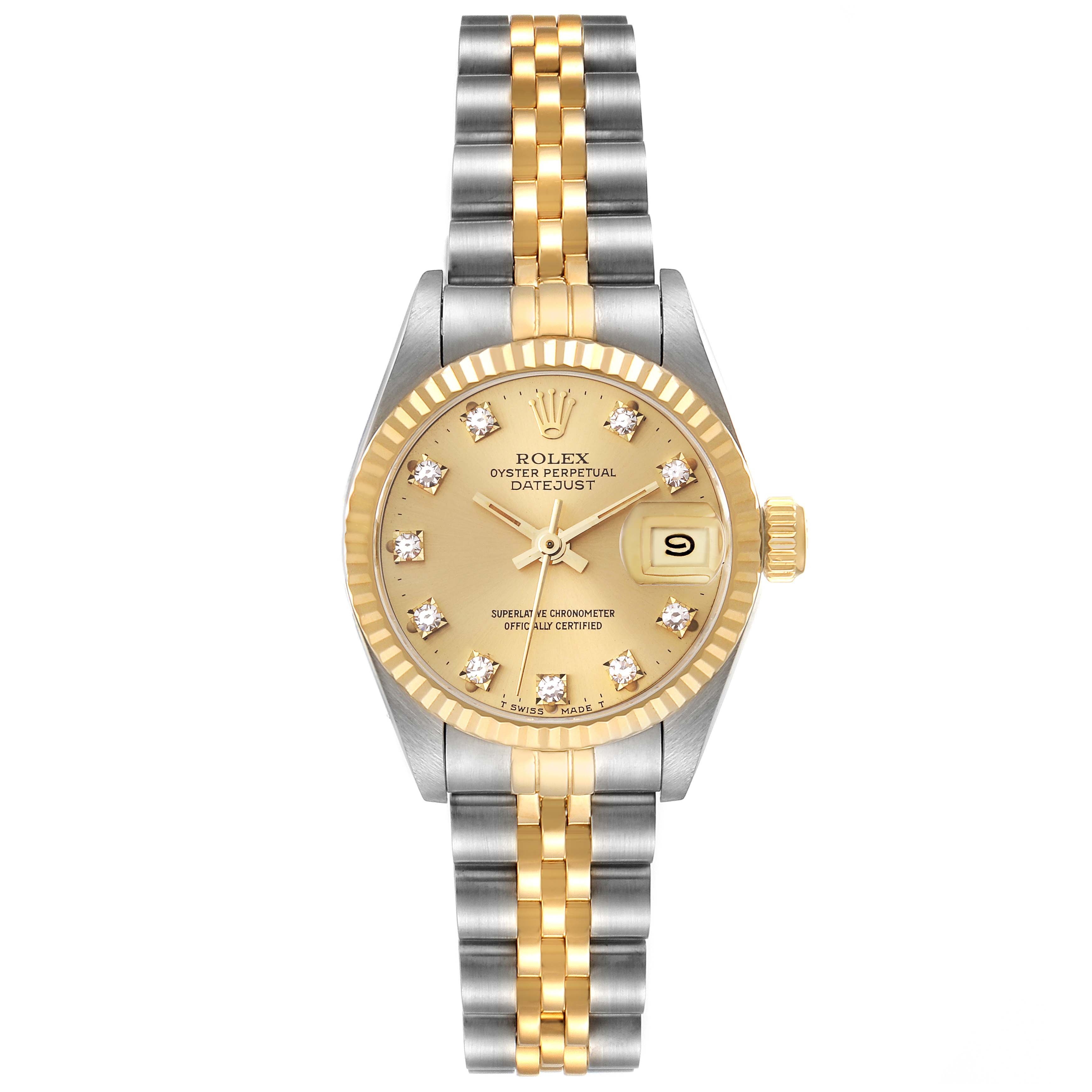 Shown is a Rolex Datejust 69173G Women's Steel and Gold (two tone) Champagne Dial 69173G Women's Steel and Gold (two tone) Champagne Dial watch from a frontal angle, highlighting its dial, bezel, and bracelet.