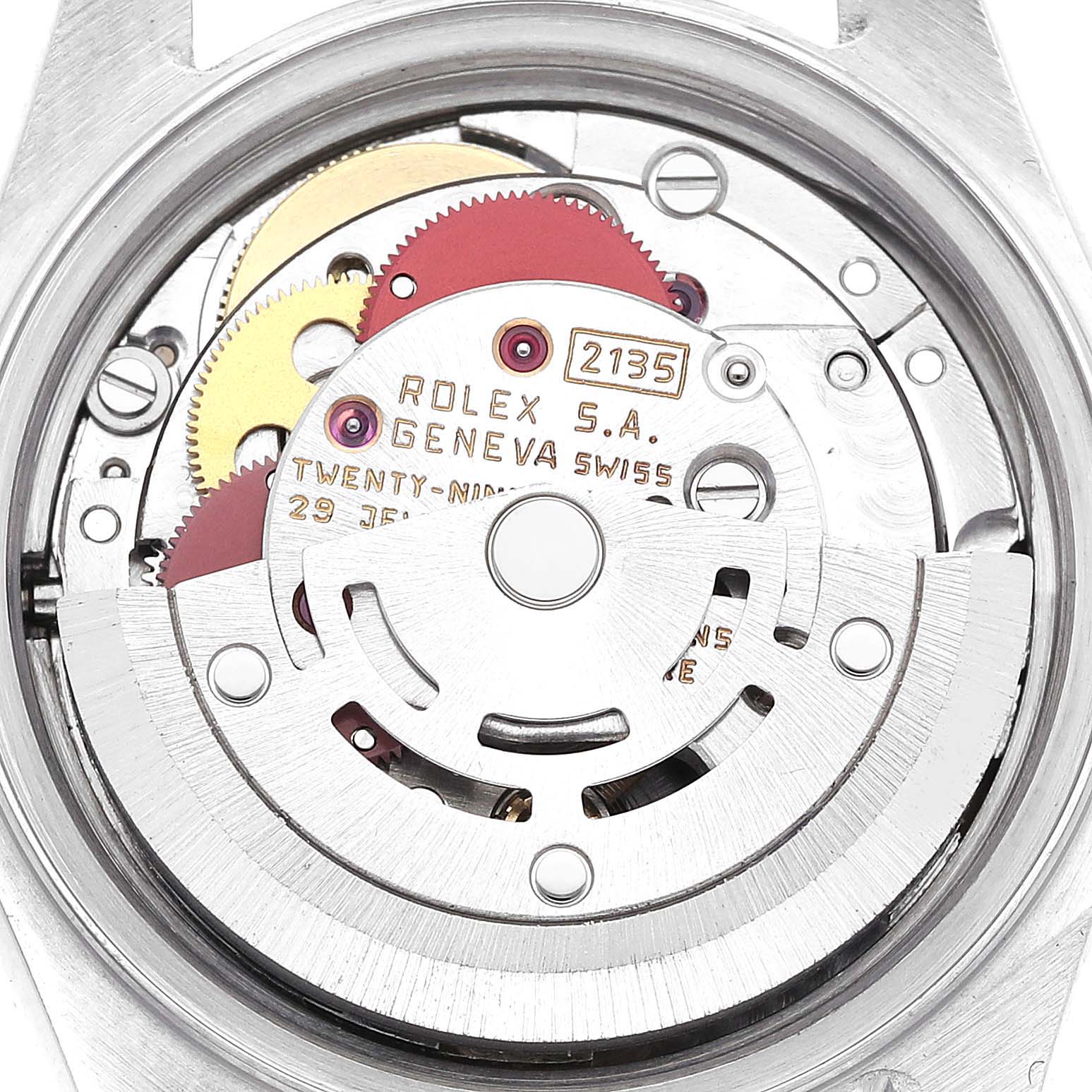 This is an image of the movement mechanism of a Rolex Datejust 69173G Women's Steel and Gold (two tone) Champagne Dial 69173G Women's Steel and Gold (two tone) Champagne Dial watch, viewed from the back.