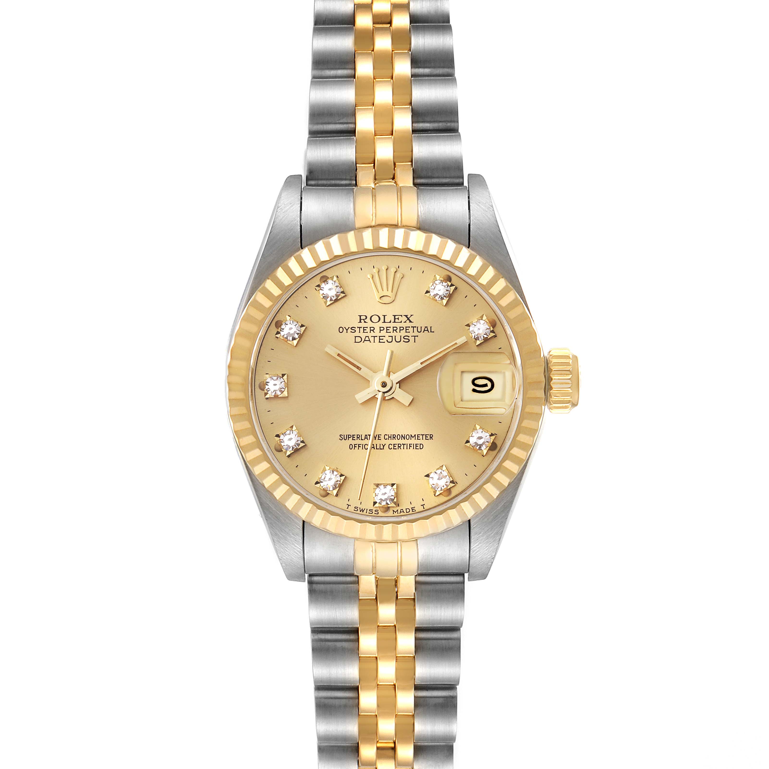 The image shows a front view of a Rolex Datejust 69173G Women's Steel and Gold (two tone) Champagne Dial 69173G Women's Steel and Gold (two tone) Champagne Dial watch, highlighting the dial, bezel, crown, and bracelet.