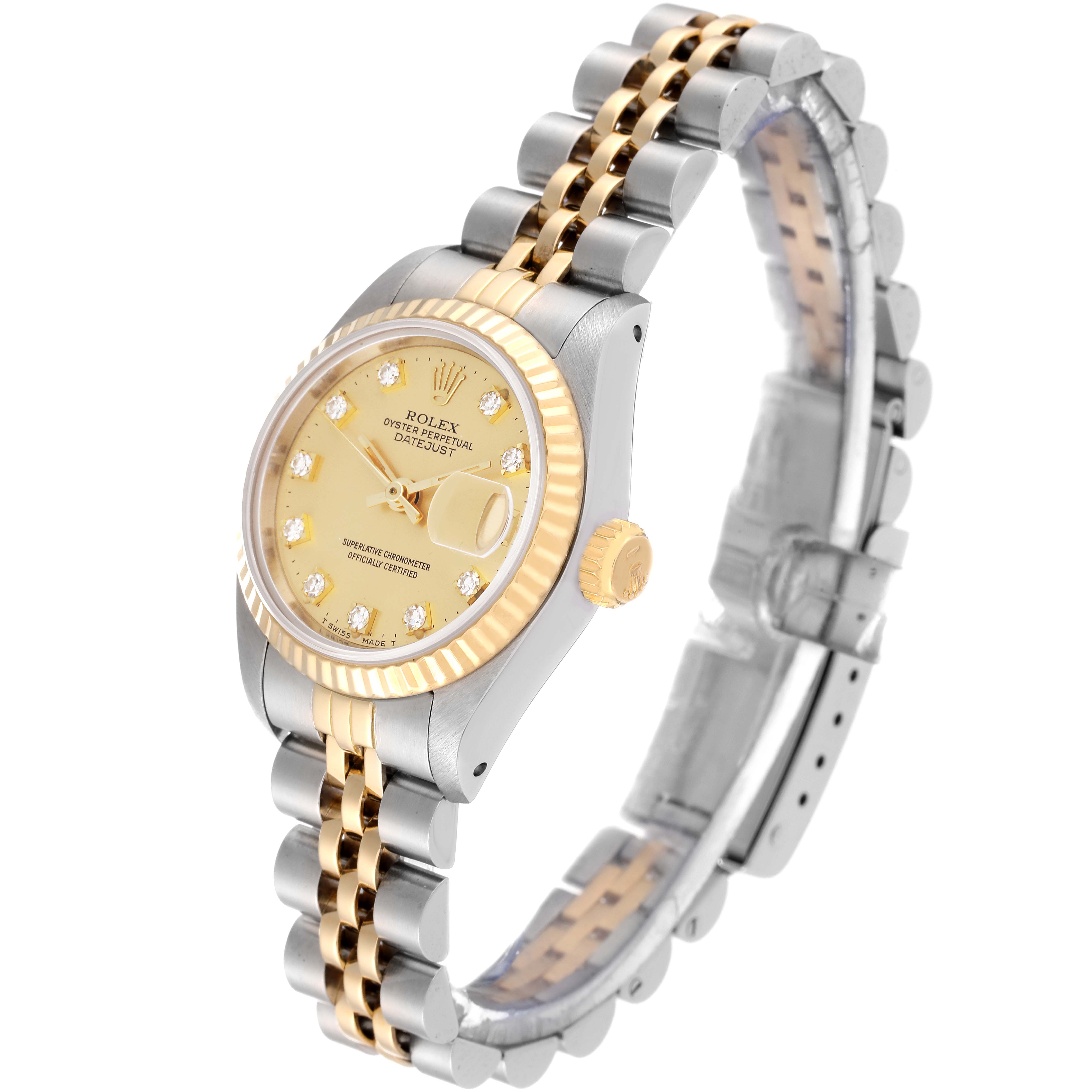 This image shows a Rolex Datejust 69173G Women's Steel and Gold (two tone) Champagne Dial 69173G Women's Steel and Gold (two tone) Champagne Dial watch, angled to display the face, bezel, crown, and part of the bracelet.