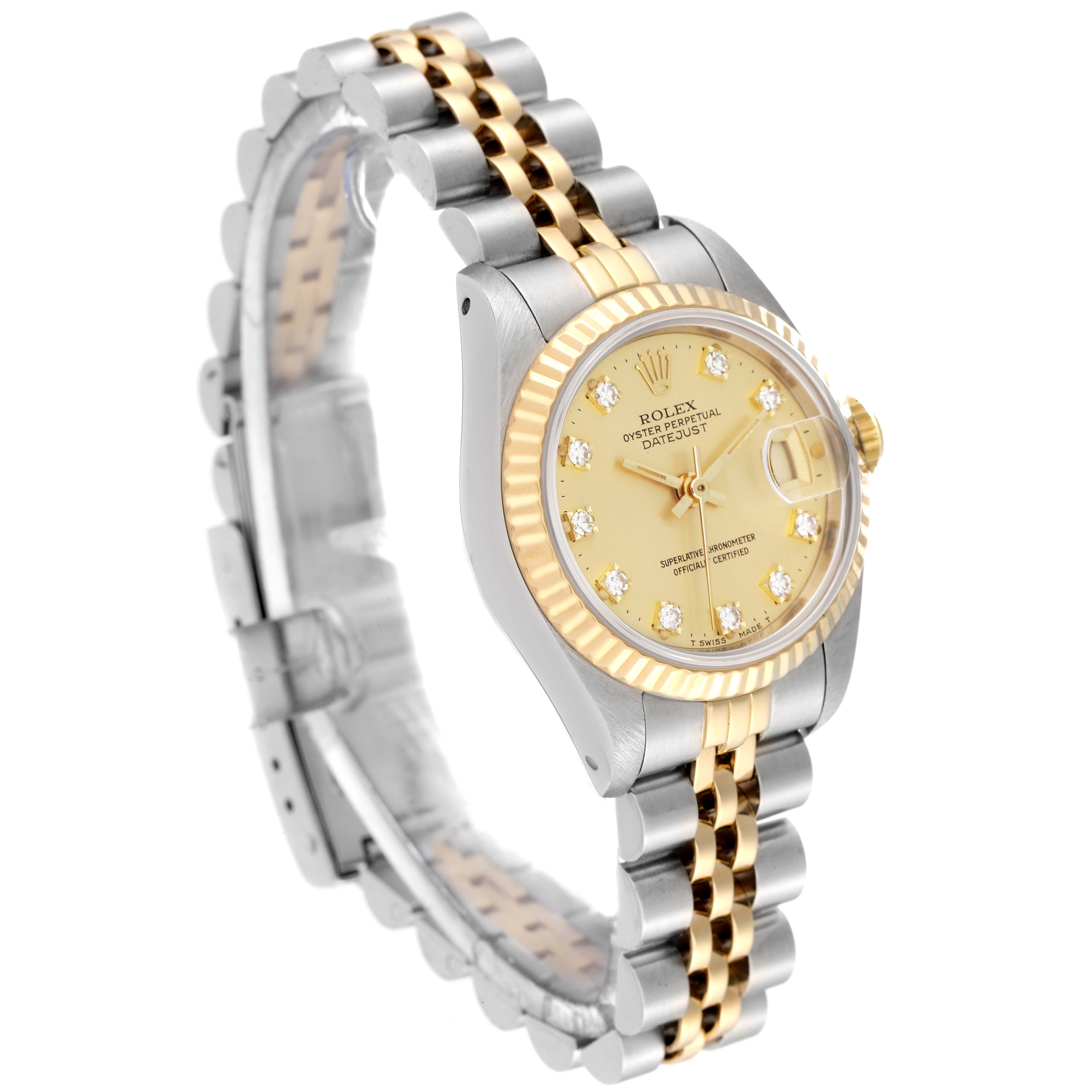 The image shows a Rolex Datejust 69173G Women's Steel and Gold (two tone) Champagne Dial 69173G Women's Steel and Gold (two tone) Champagne Dial watch at a three-quarter angle, highlighting the gold dial with diamond hour markers, two-tone bracelet, and fluted bezel.