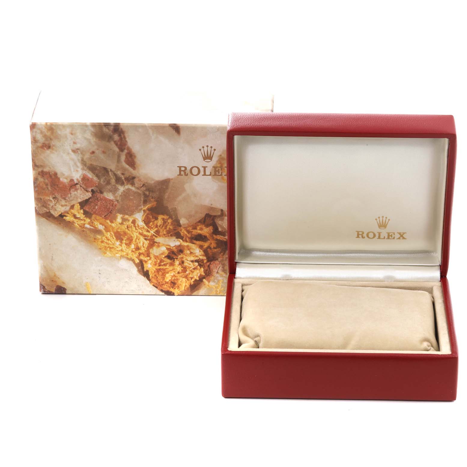 The image shows the open box and packaging of a Rolex Datejust 69173G Women's Steel and Gold (two tone) Champagne Dial 69173G Women's Steel and Gold (two tone) Champagne Dial watch, displaying the branded interior and exterior.