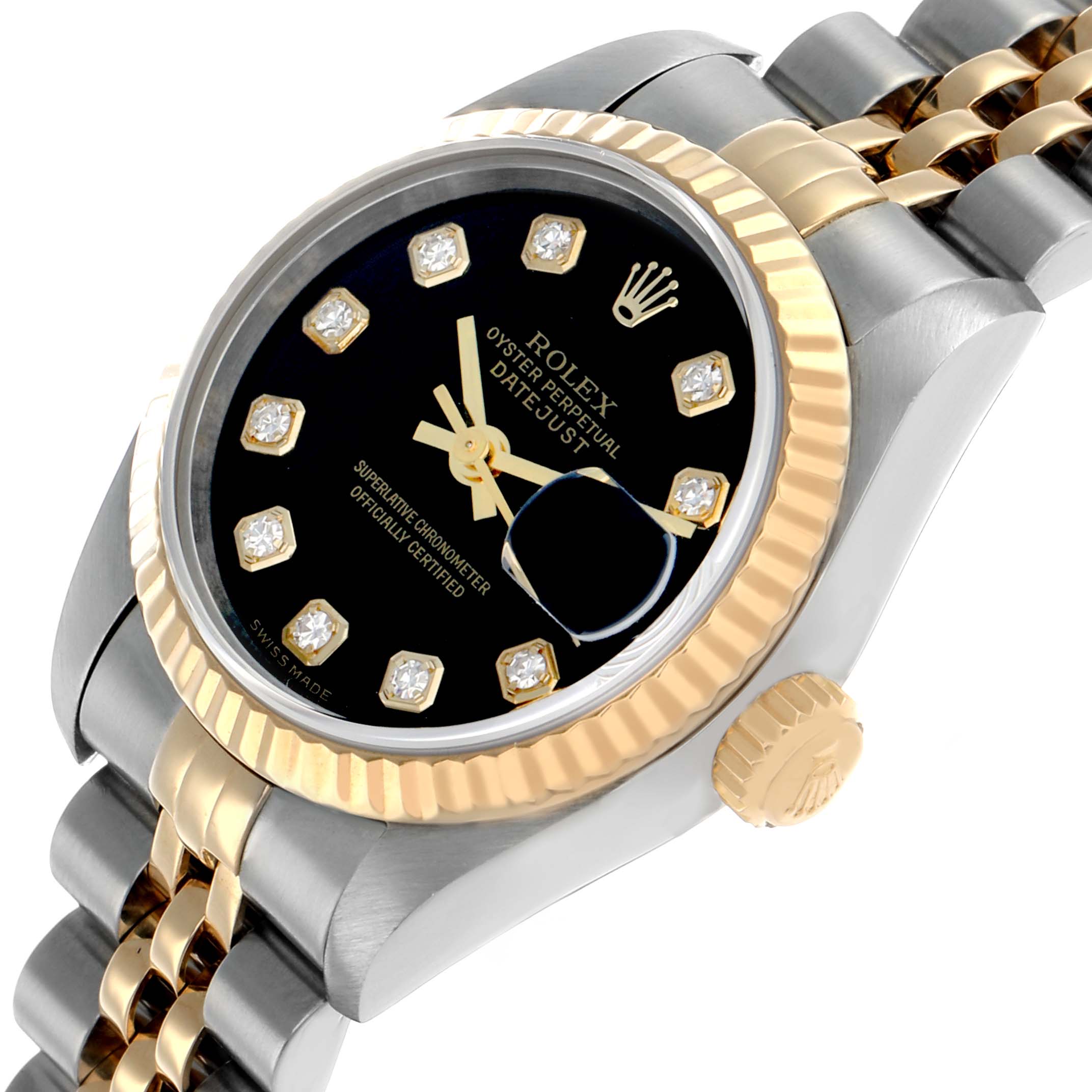 The Rolex Datejust 79173 Women's Steel and Gold (two tone) Black Dial watch is shown at an angled view, highlighting the black dial with diamond indices, two-tone bracelet, and gold bezel.