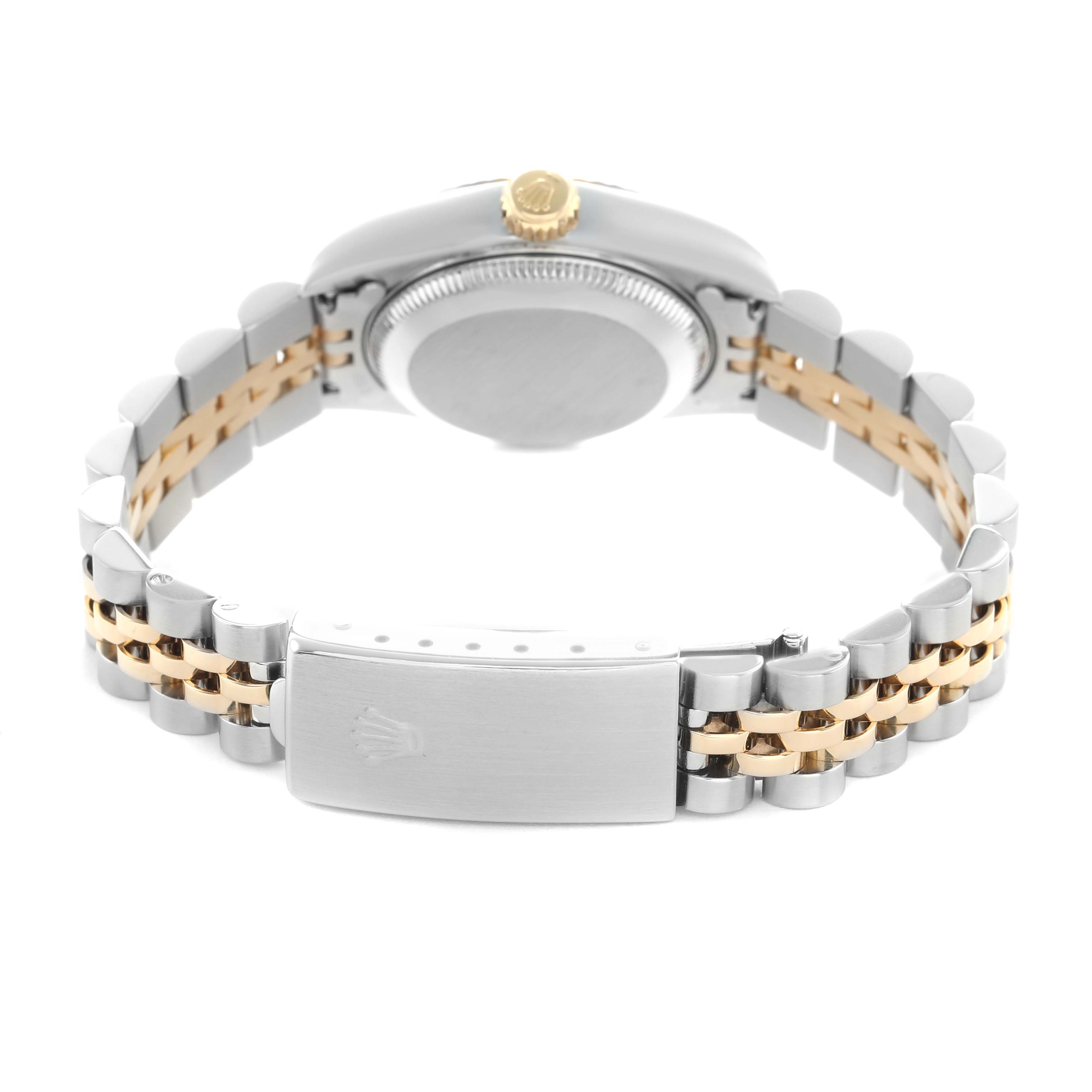 The image shows the back view of a Rolex Datejust 79173 Women's Steel and Gold (two tone) Black Dial, highlighting the caseback and Jubilee bracelet with two-tone links.