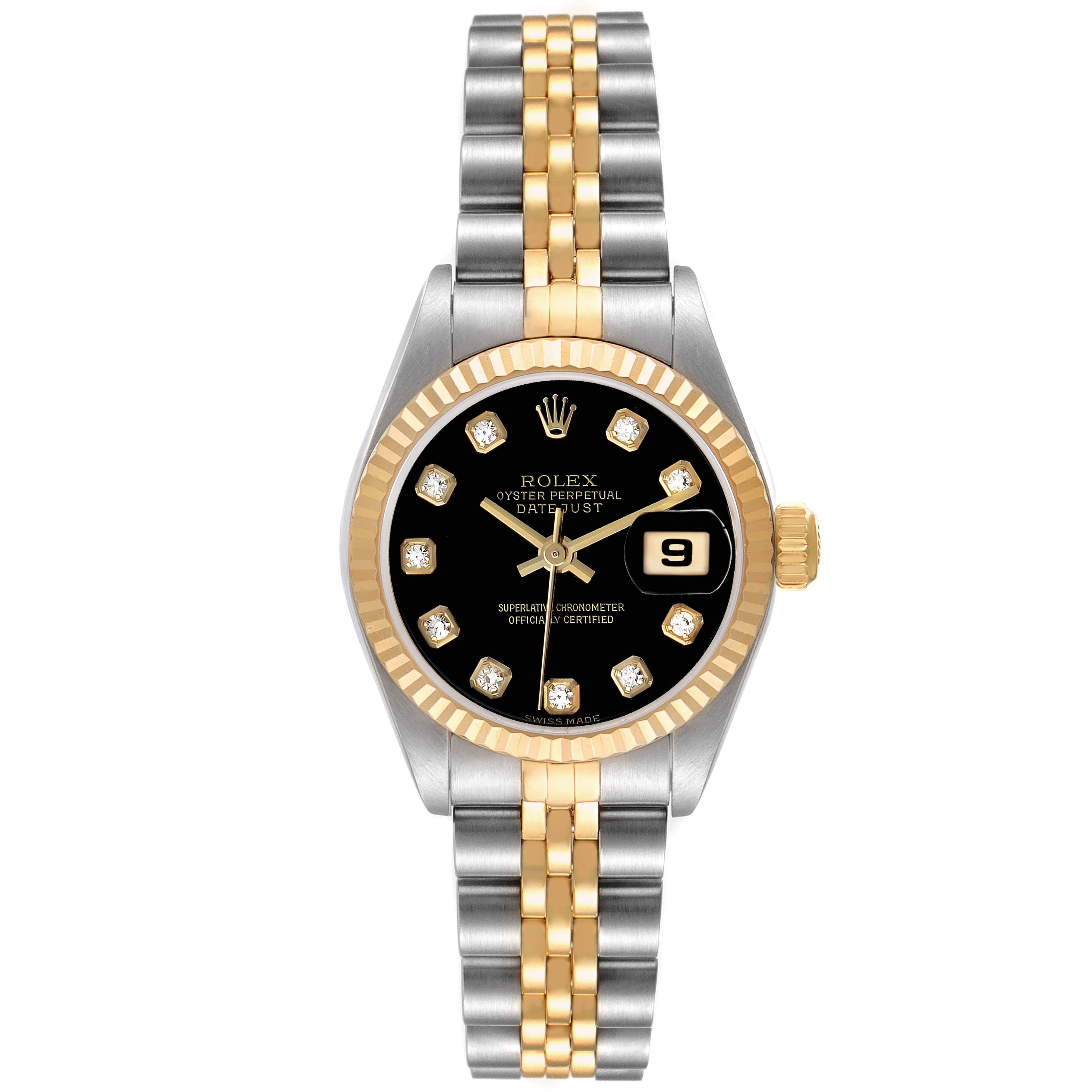 The Rolex Datejust 79173 Women's Steel and Gold (two tone) Black Dial watch is shown from a top-down angle, displaying the dial, bezel, crown, and two-tone bracelet.