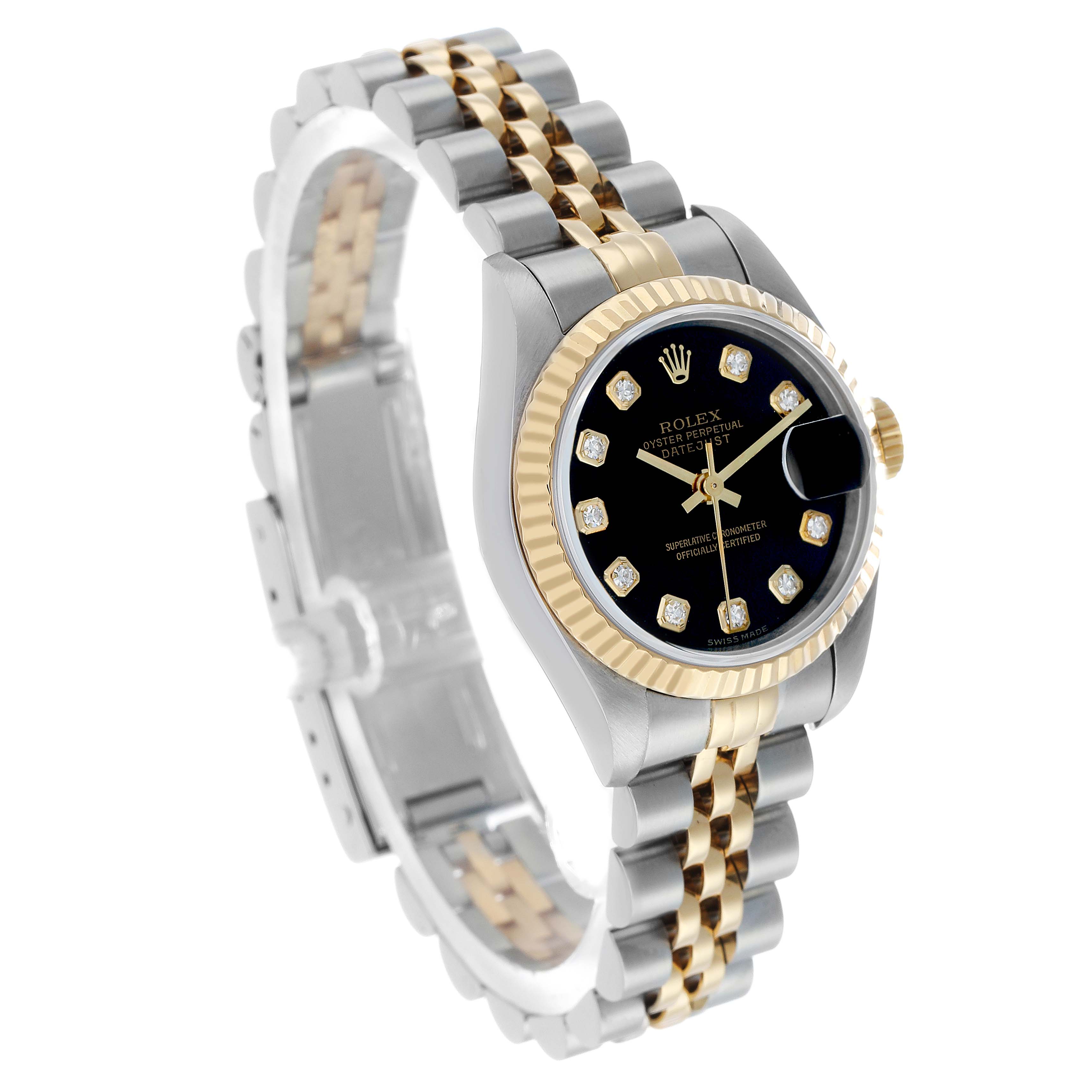 The Rolex Datejust 79173 Women's Steel and Gold (two tone) Black Dial watch is shown at a three-quarter angle, featuring its black dial, gold fluted bezel, and two-tone bracelet.