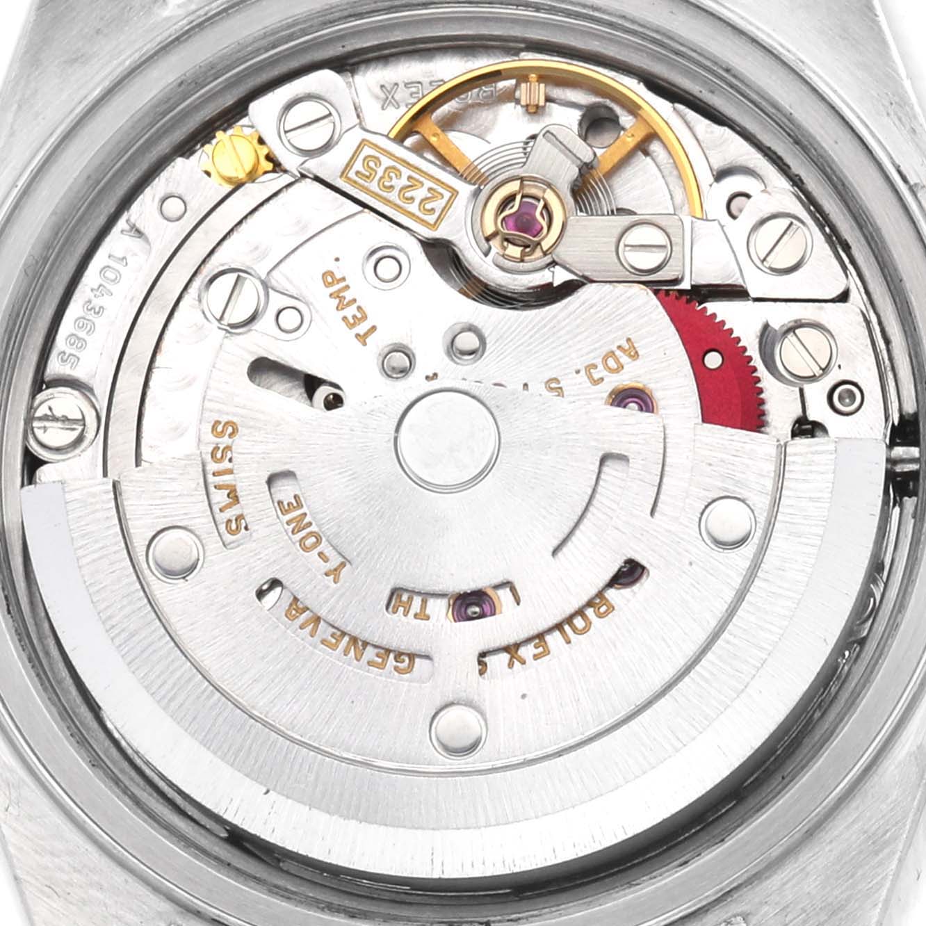 The image shows the internal movement mechanism of a Rolex Datejust 79173 Women's Steel and Gold (two tone) Black Dial watch from the back.