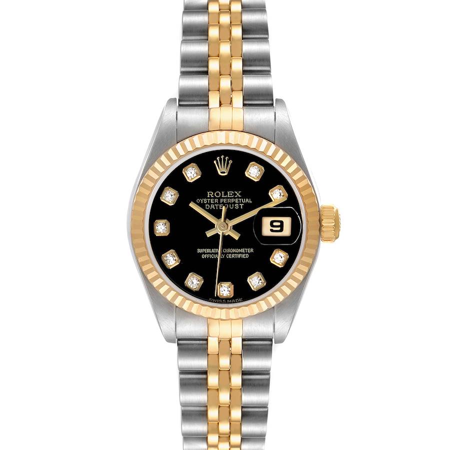 The Rolex Datejust 79173 Women's Steel and Gold (two tone) Black Dial watch is shown from a front angle, displaying its black dial, gold fluted bezel, and two-tone bracelet.