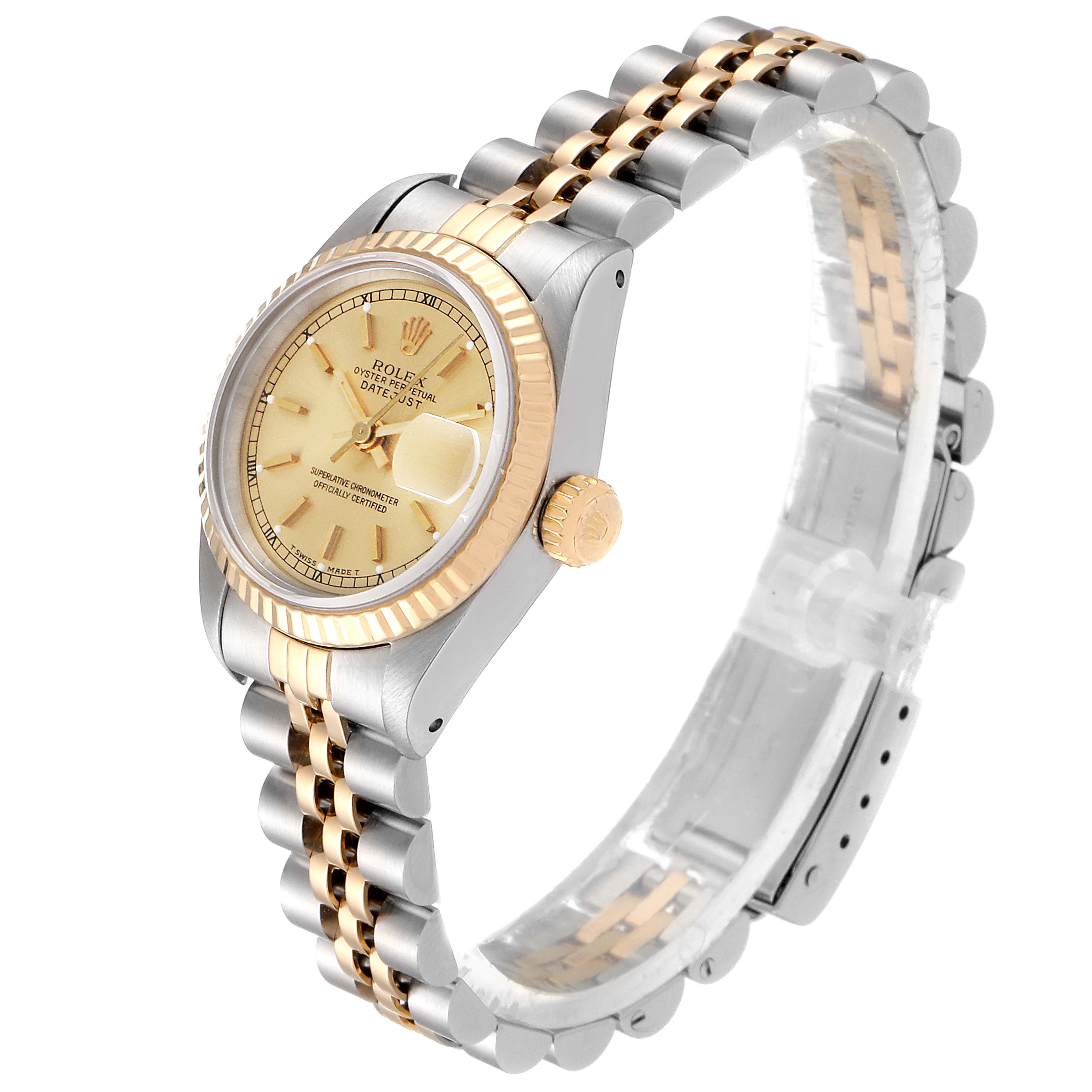 The image shows a Rolex Datejust 69173 Women's Steel and Gold (two tone) Champagne Dial 69173 Women's Steel and Gold (two tone) Champagne Dial watch at a slight side angle, displaying the dial, fluted bezel, crown, and Jubilee bracelet.