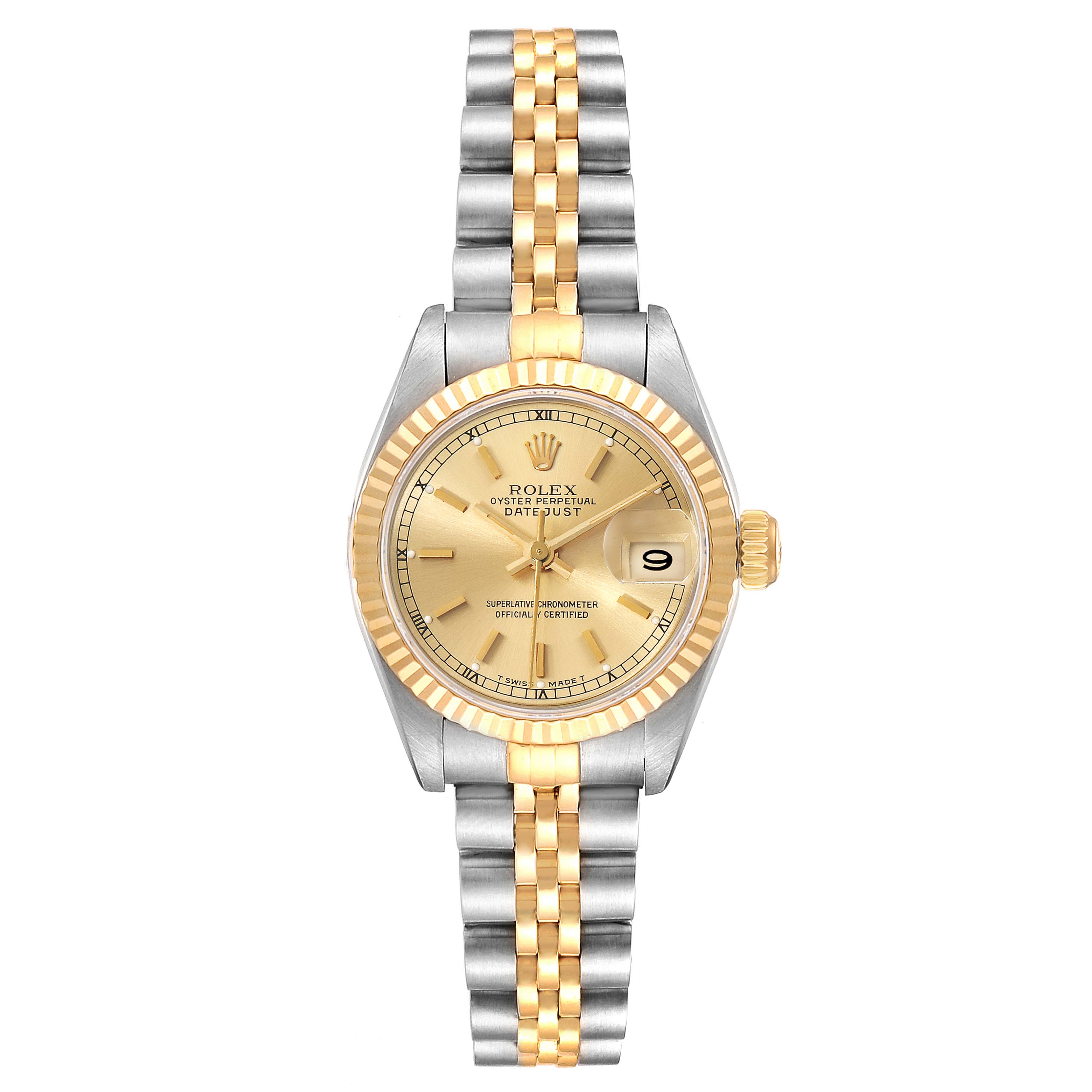 This image shows the front view of a Rolex Datejust 69173 Women's Steel and Gold (two tone) Champagne Dial 69173 Women's Steel and Gold (two tone) Champagne Dial watch with a gold and silver bracelet and a gold dial.