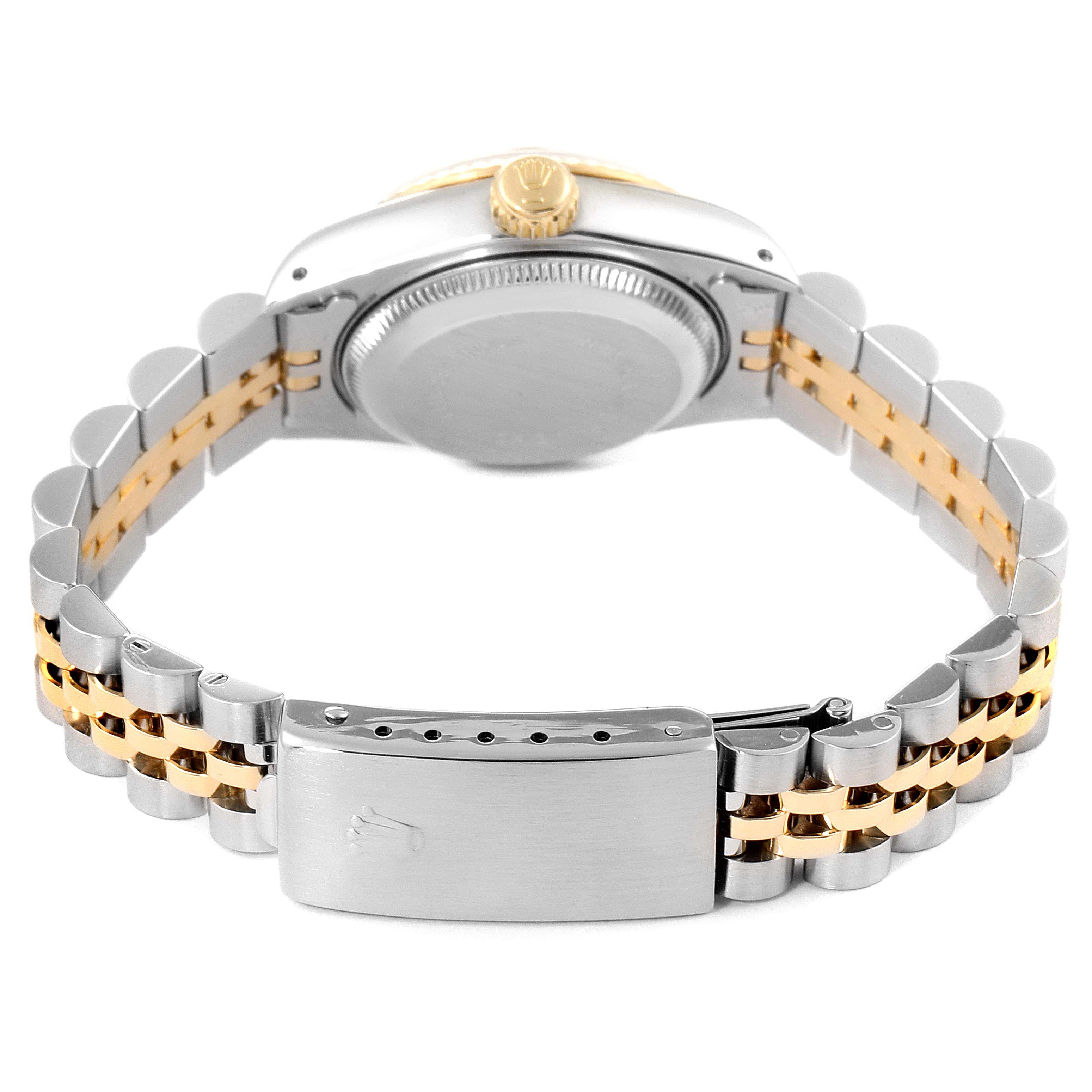 The image shows the back of a Rolex Datejust 69173 Women's Steel and Gold (two tone) Champagne Dial 69173 Women's Steel and Gold (two tone) Champagne Dial watch, highlighting its two-tone Jubilee bracelet and clasp.