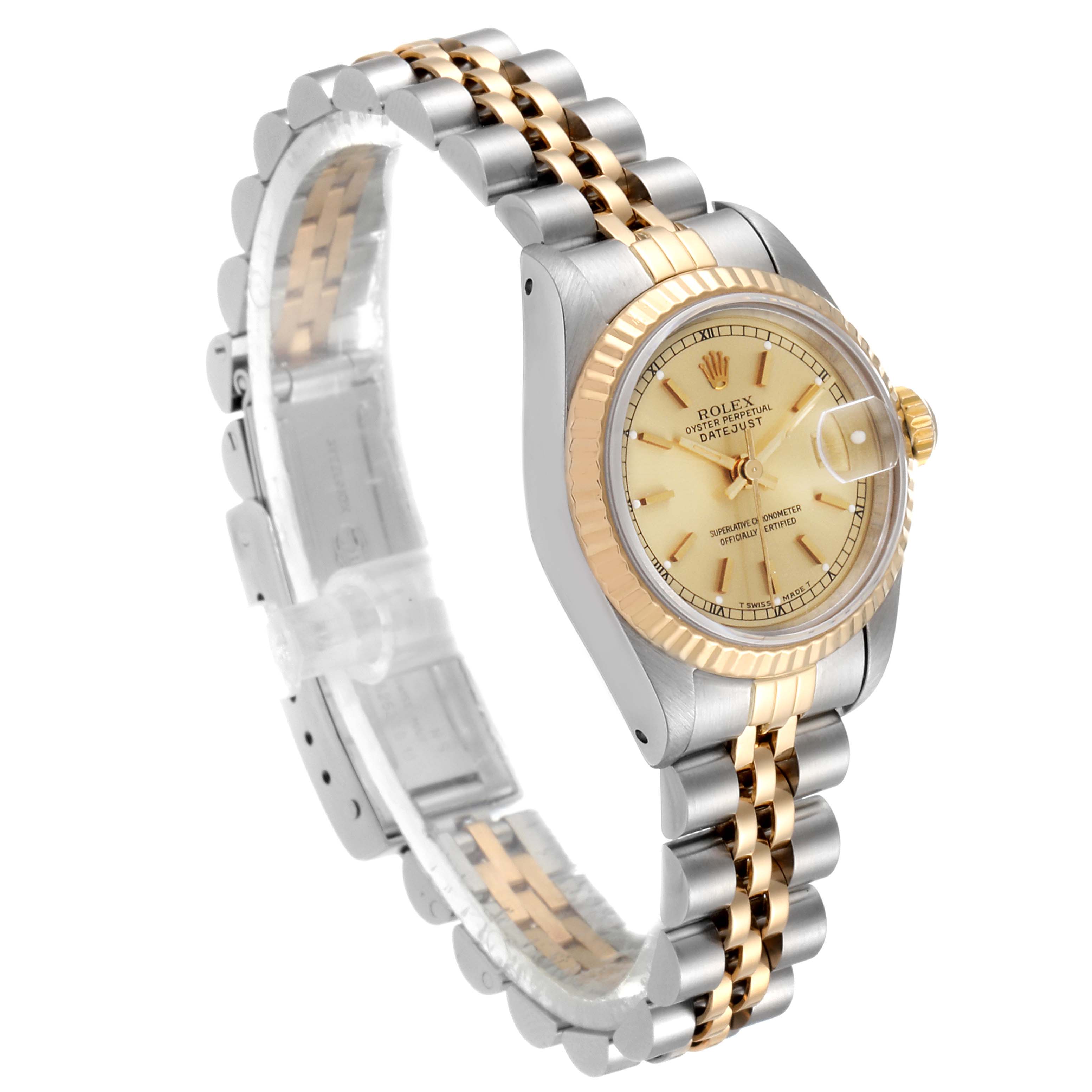 This image shows a Rolex Datejust 69173 Women's Steel and Gold (two tone) Champagne Dial 69173 Women's Steel and Gold (two tone) Champagne Dial watch at an angle displaying the face, bezel, crown, and two-tone bracelet.