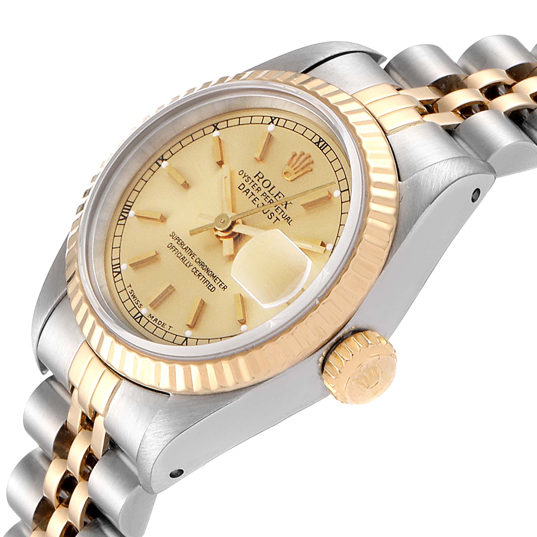 The Rolex Datejust 69173 Women's Steel and Gold (two tone) Champagne Dial 69173 Women's Steel and Gold (two tone) Champagne Dial watch is shown at an angled close-up view, highlighting the case, crown, dial, bezel, and part of the bracelet.