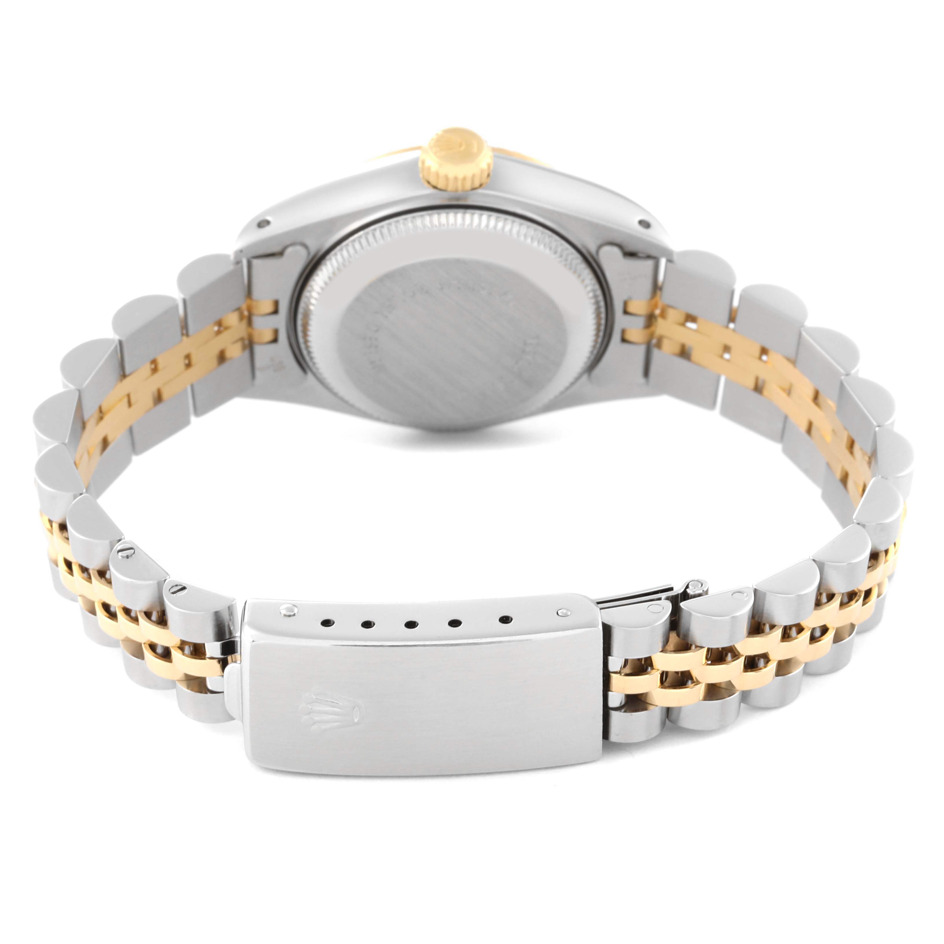 This image shows the back of a Rolex Datejust 69173 Women's Steel and Gold (two tone) White Dial 69173 Women's Steel and Gold (two tone) White Dial watch, highlighting the jubilee bracelet and clasp.