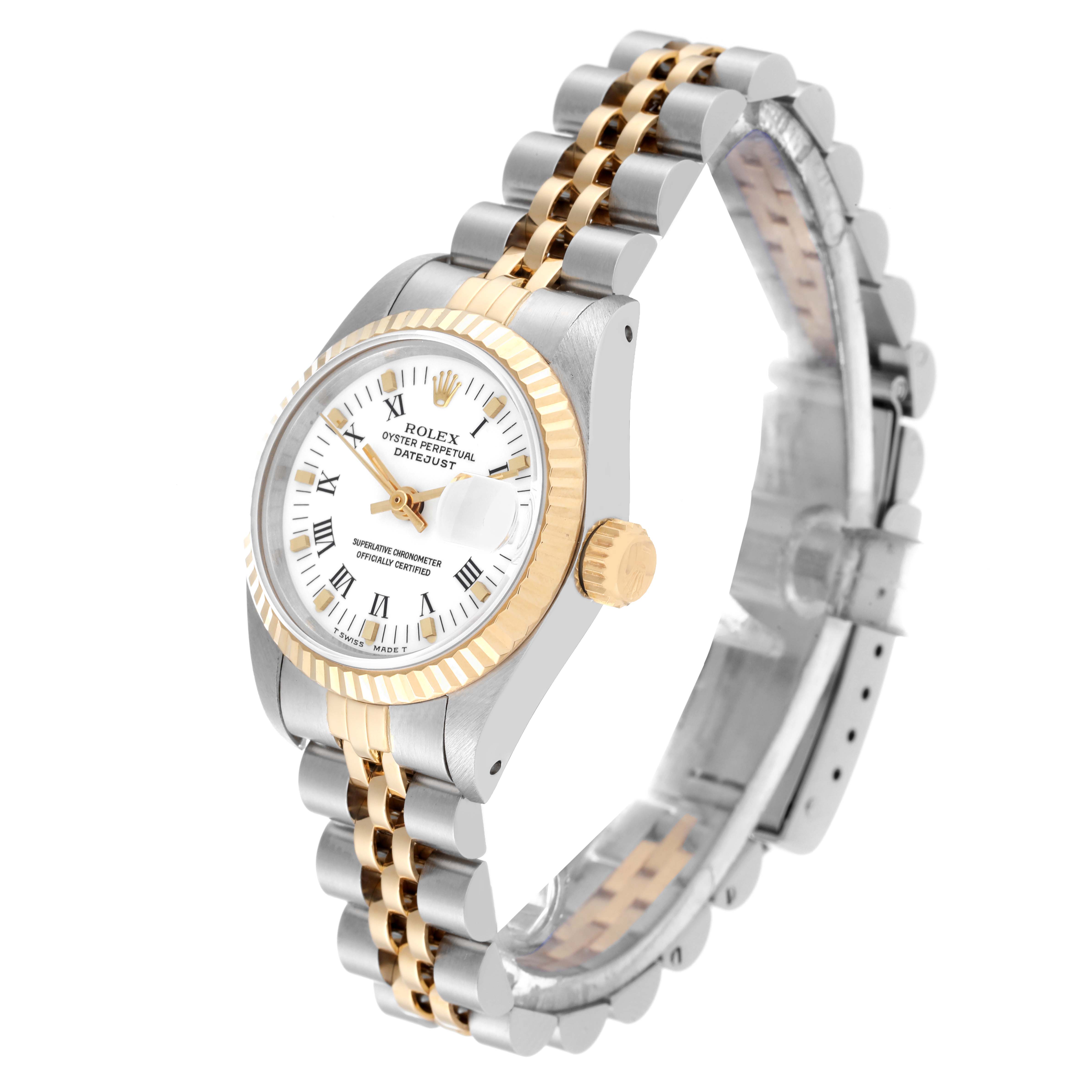 The Rolex Datejust 69173 Women's Steel and Gold (two tone) White Dial 69173 Women's Steel and Gold (two tone) White Dial watch is shown at an angled side view, displaying the dial, bezel, crown, and the bracelet.