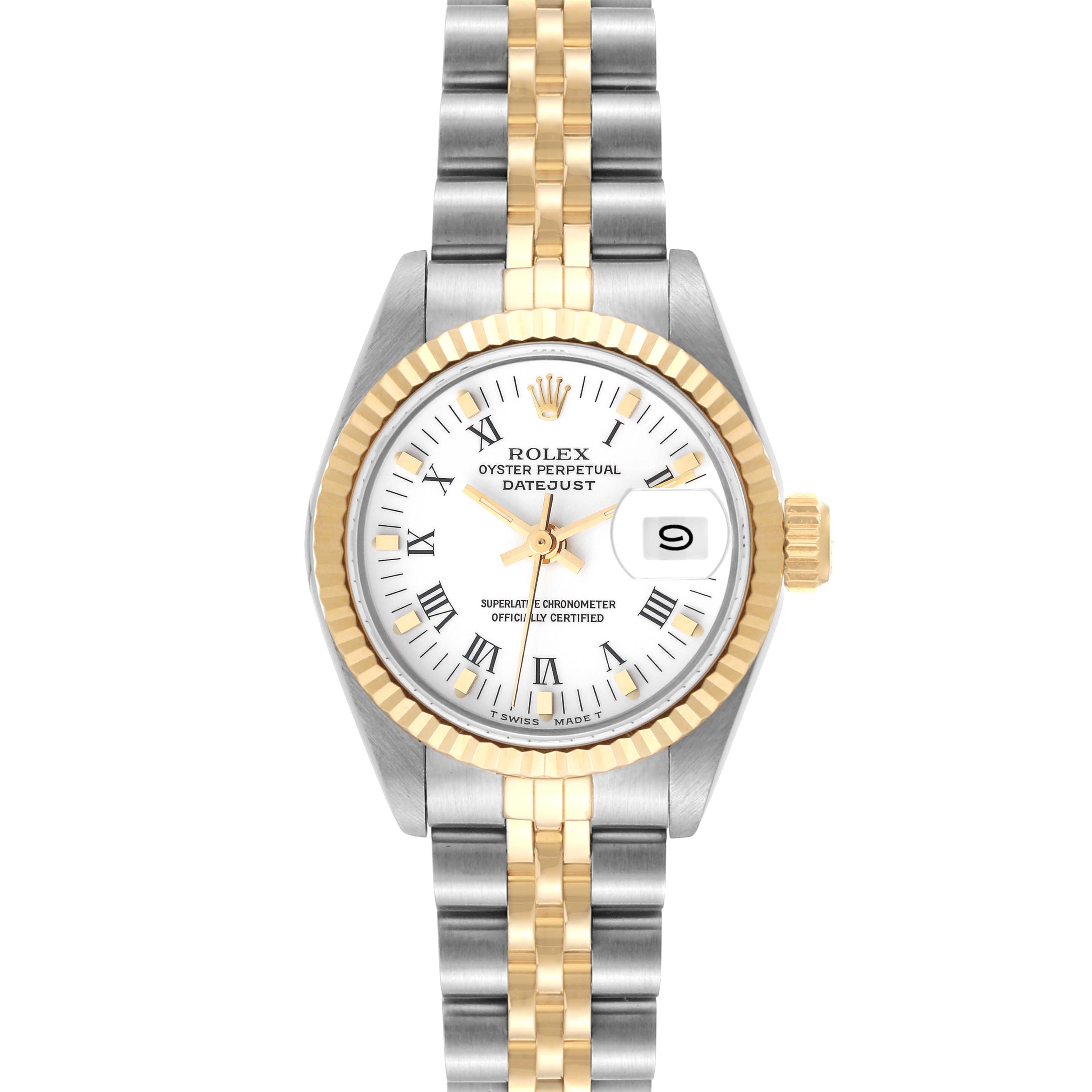 The image shows a Rolex Datejust 69173 Women's Steel and Gold (two tone) White Dial 69173 Women's Steel and Gold (two tone) White Dial watch from a front angle, featuring a two-tone band, fluted bezel, and white dial with Roman numerals.