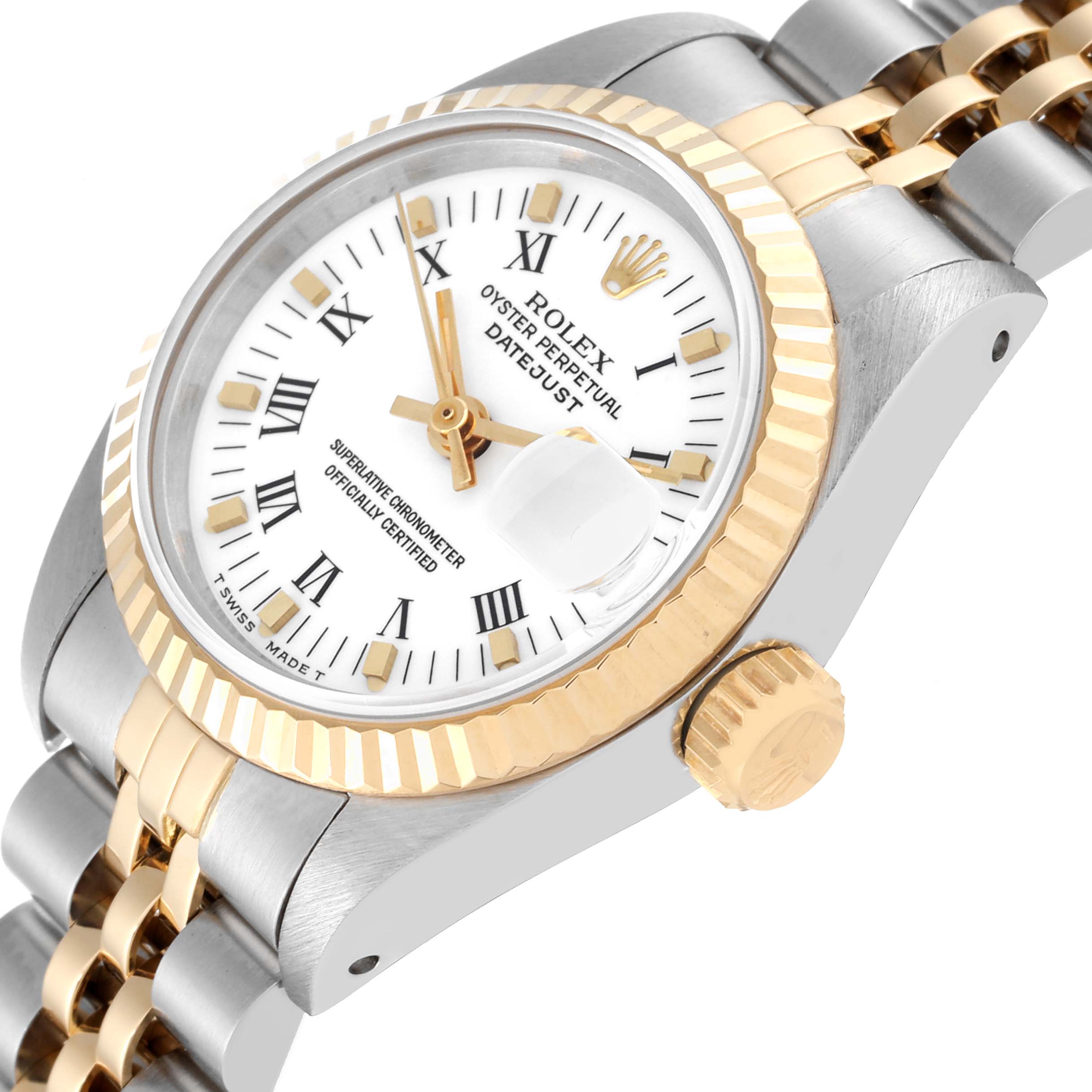 This image shows a close-up angle of a Rolex Datejust 69173 Women's Steel and Gold (two tone) White Dial 69173 Women's Steel and Gold (two tone) White Dial watch displaying the dial, bezel, crown, and part of the bracelet.