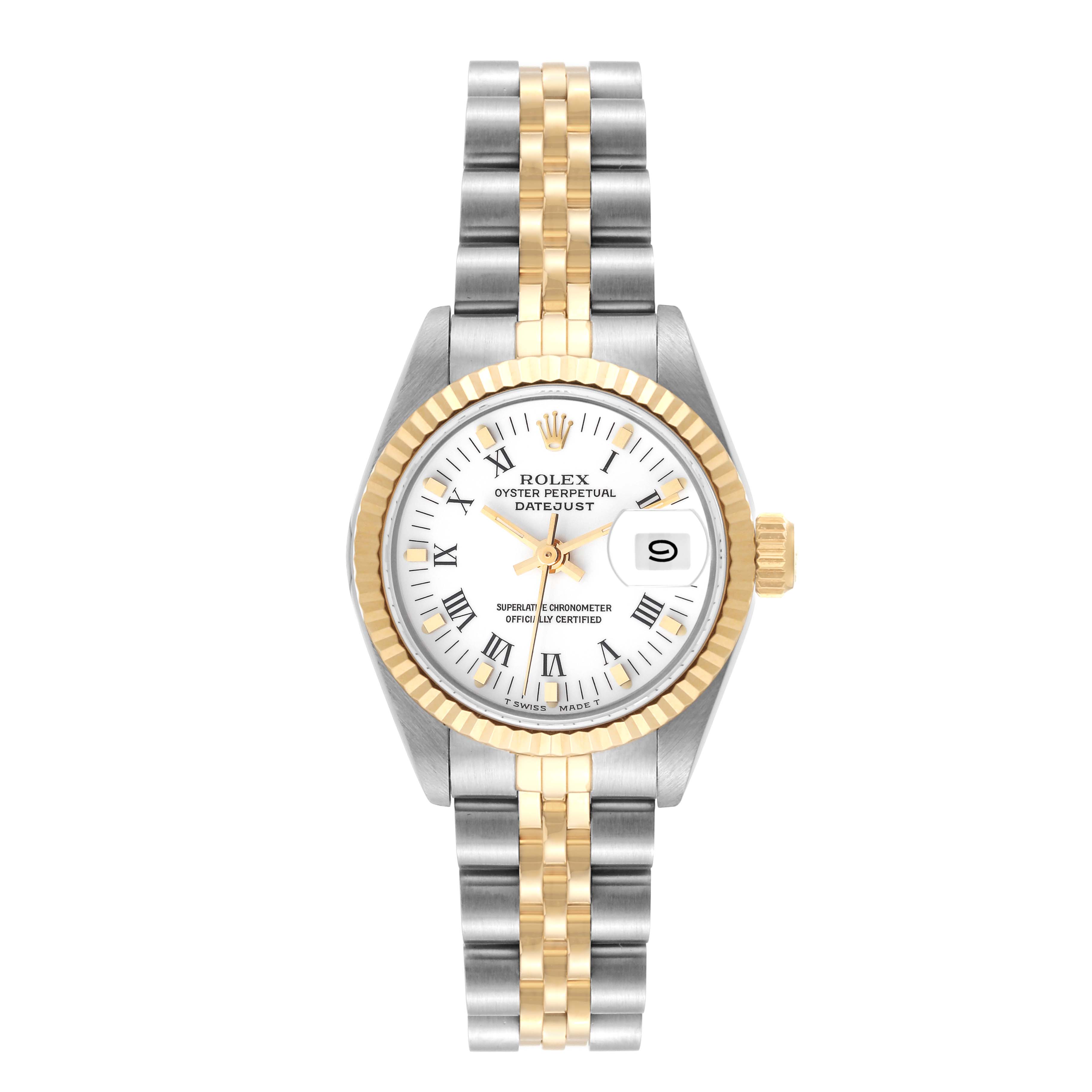 The image shows a Rolex Datejust 69173 Women's Steel and Gold (two tone) White Dial 69173 Women's Steel and Gold (two tone) White Dial watch from a top-down angle, highlighting the face, bezel, and two-tone bracelet.