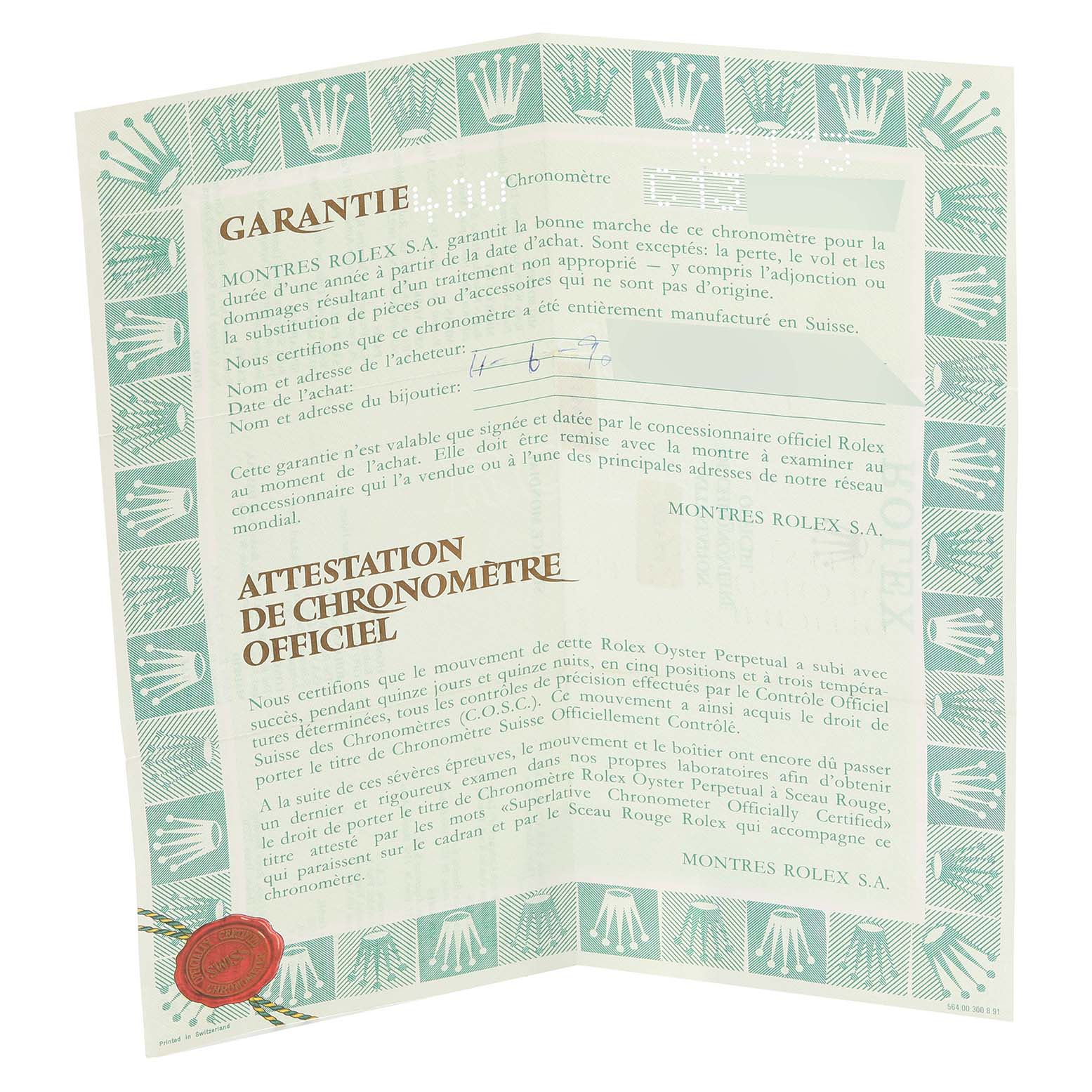 The image shows a folded warranty certificate for a Rolex Datejust 69173 Women's Steel and Gold (two tone) White Dial 69173 Women's Steel and Gold (two tone) White Dial watch, emphasizing the brand insignia and text.