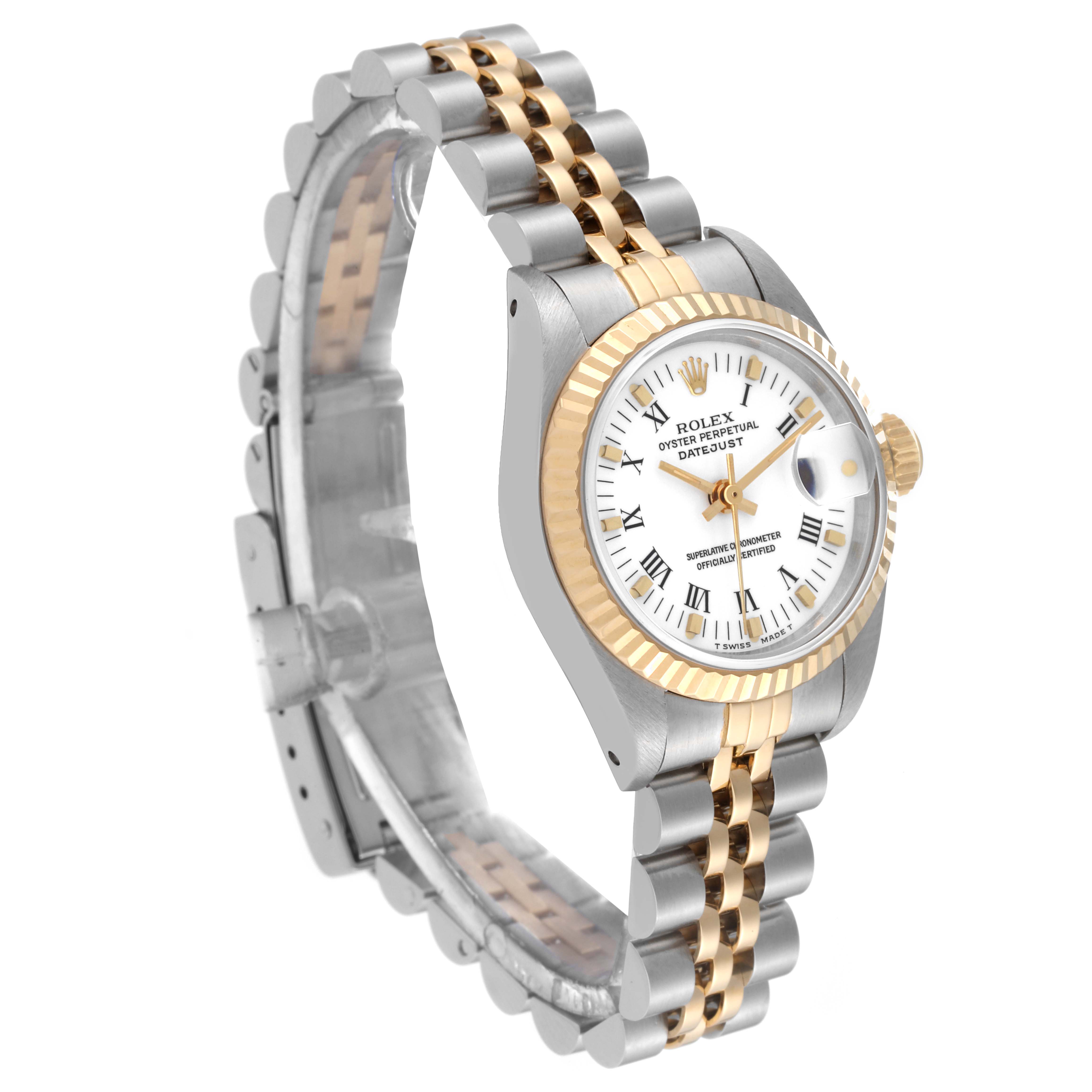The image shows a Rolex Datejust 69173 Women's Steel and Gold (two tone) White Dial 69173 Women's Steel and Gold (two tone) White Dial watch at a three-quarter angle, displaying the face, bezel, and two-tone oyster bracelet.
