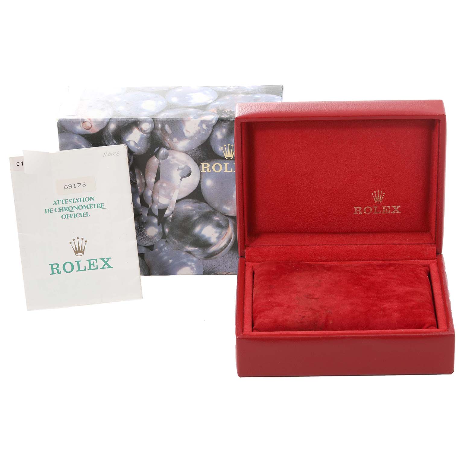 The image shows a Rolex Datejust 69173 Women's Steel and Gold (two tone) White Dial 69173 Women's Steel and Gold (two tone) White Dial watch box, outer case, and certificate of authenticity from a frontal angle.