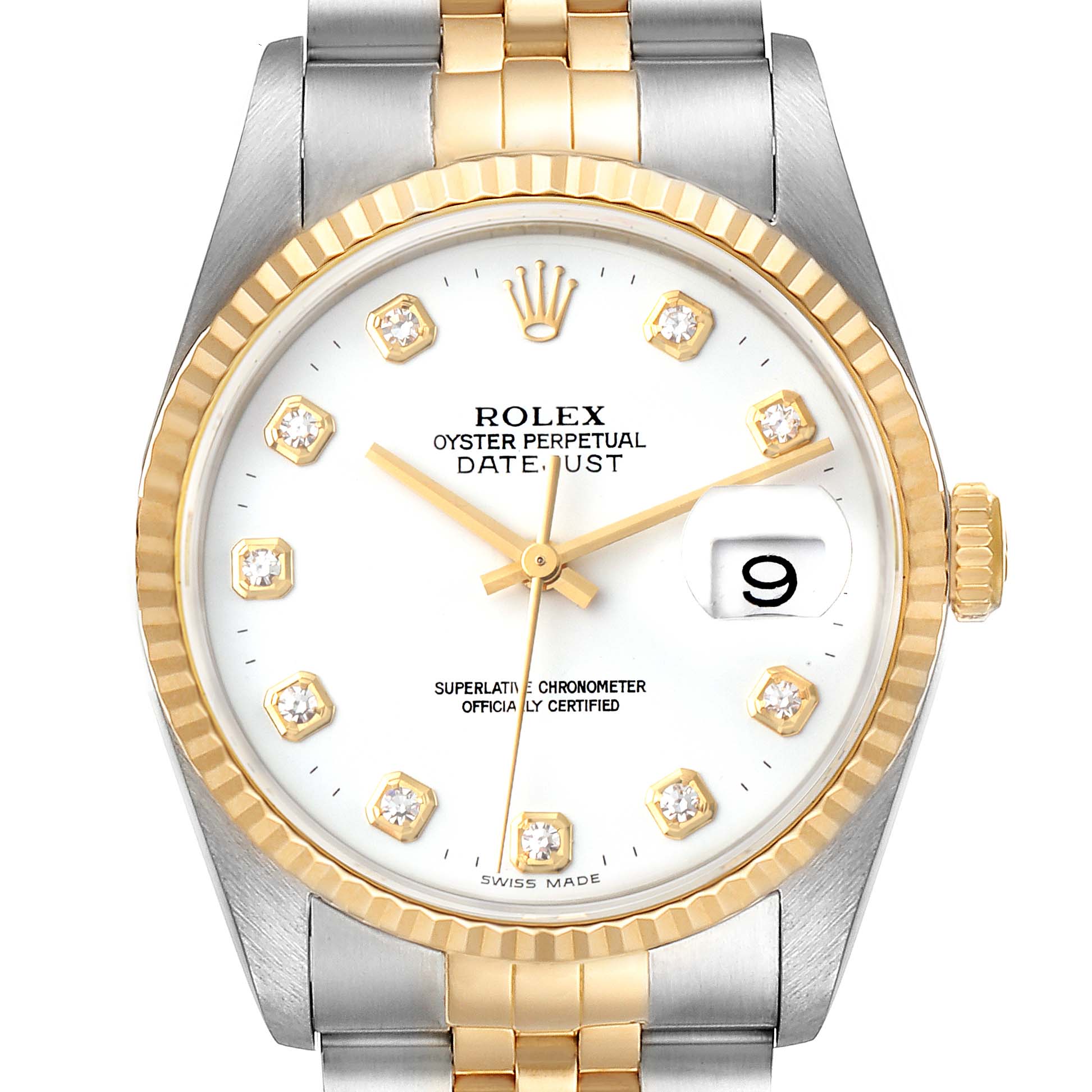 The image shows a Rolex Datejust 16233 Men's Steel and Gold (two tone) White Dial 16233 Men's Steel and Gold (two tone) White Dial watch from a front angle, highlighting its white dial, date window, and two-tone metal bracelet.