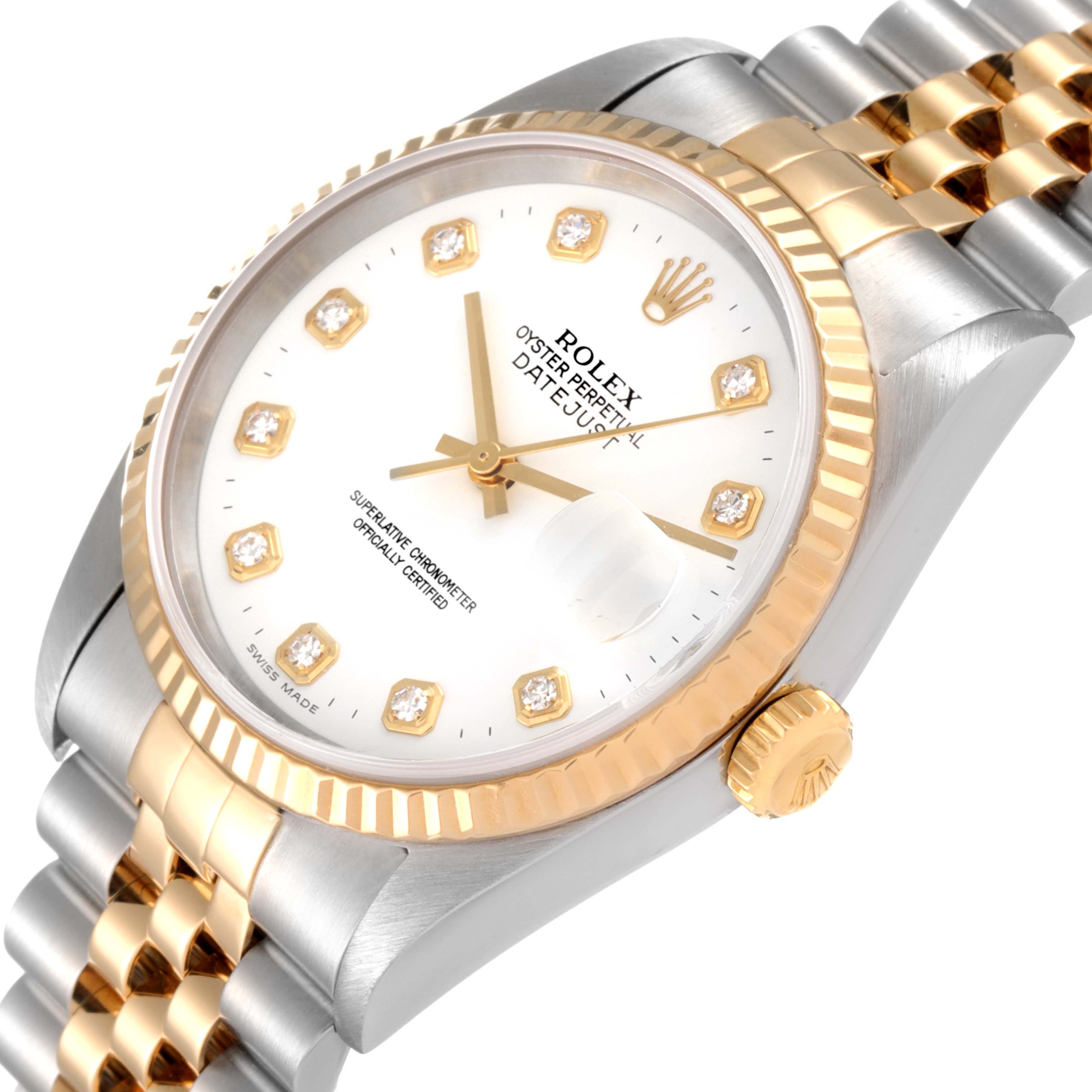 The Rolex Datejust 16233 Men's Steel and Gold (two tone) White Dial 16233 Men's Steel and Gold (two tone) White Dial watch is shown from an angled perspective, highlighting the dial, bezel, crown, and part of the bracelet.