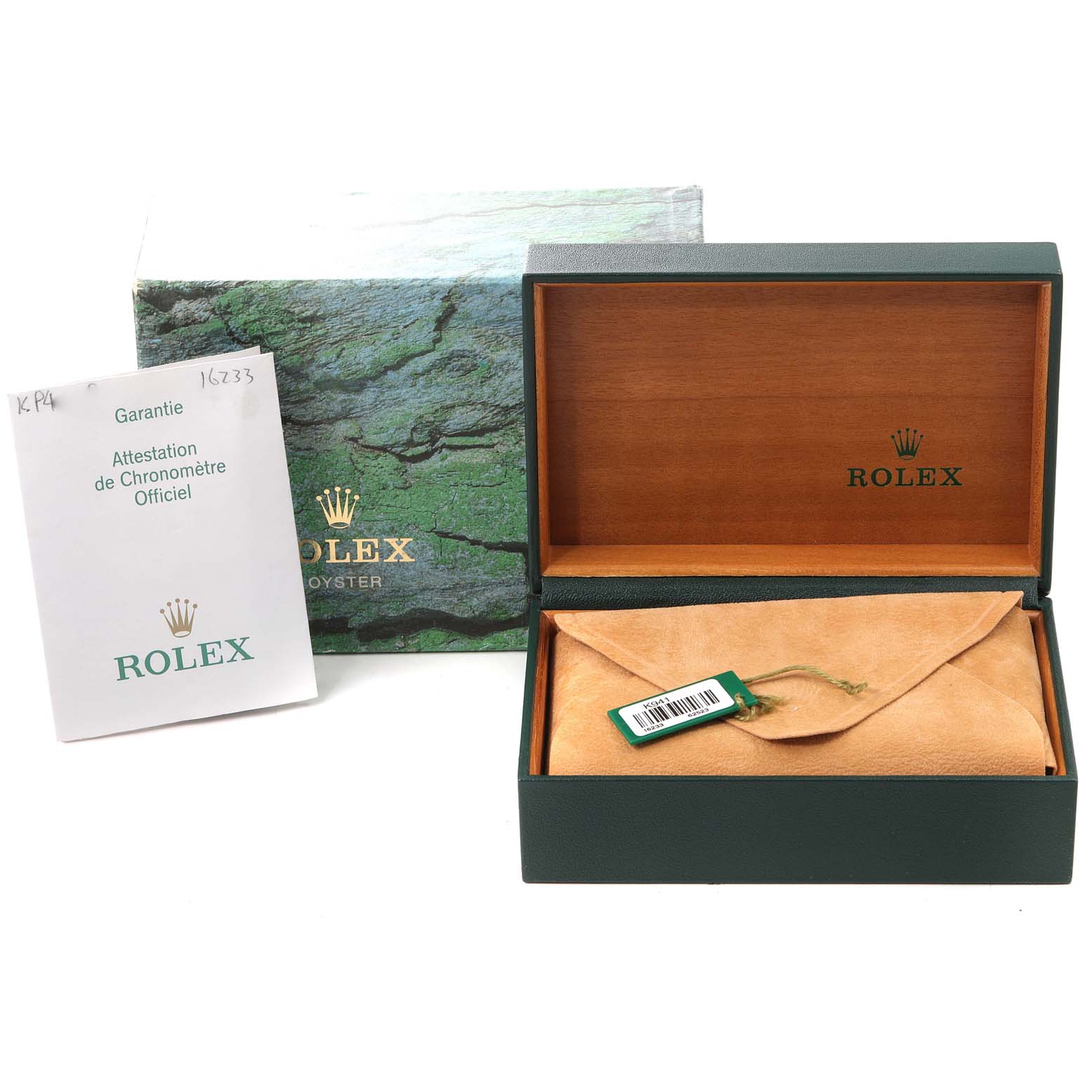 The image shows the box and warranty card for a Rolex Datejust 16233 Men's Steel and Gold (two tone) White Dial 16233 Men's Steel and Gold (two tone) White Dial watch.
