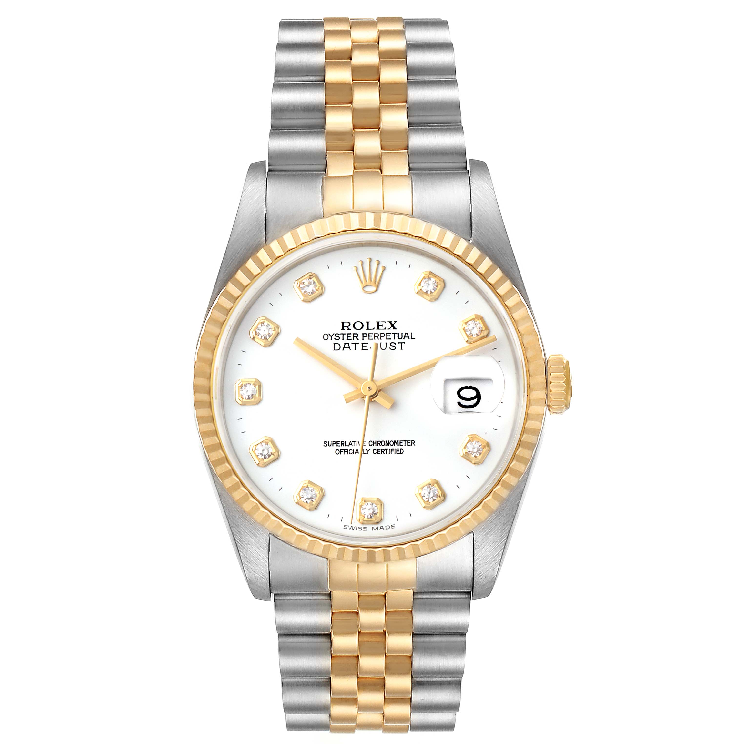 This image shows a Rolex Datejust 16233 Men's Steel and Gold (two tone) White Dial 16233 Men's Steel and Gold (two tone) White Dial watch from a front angle, displaying its dial, bezel, crown, and bracelet.