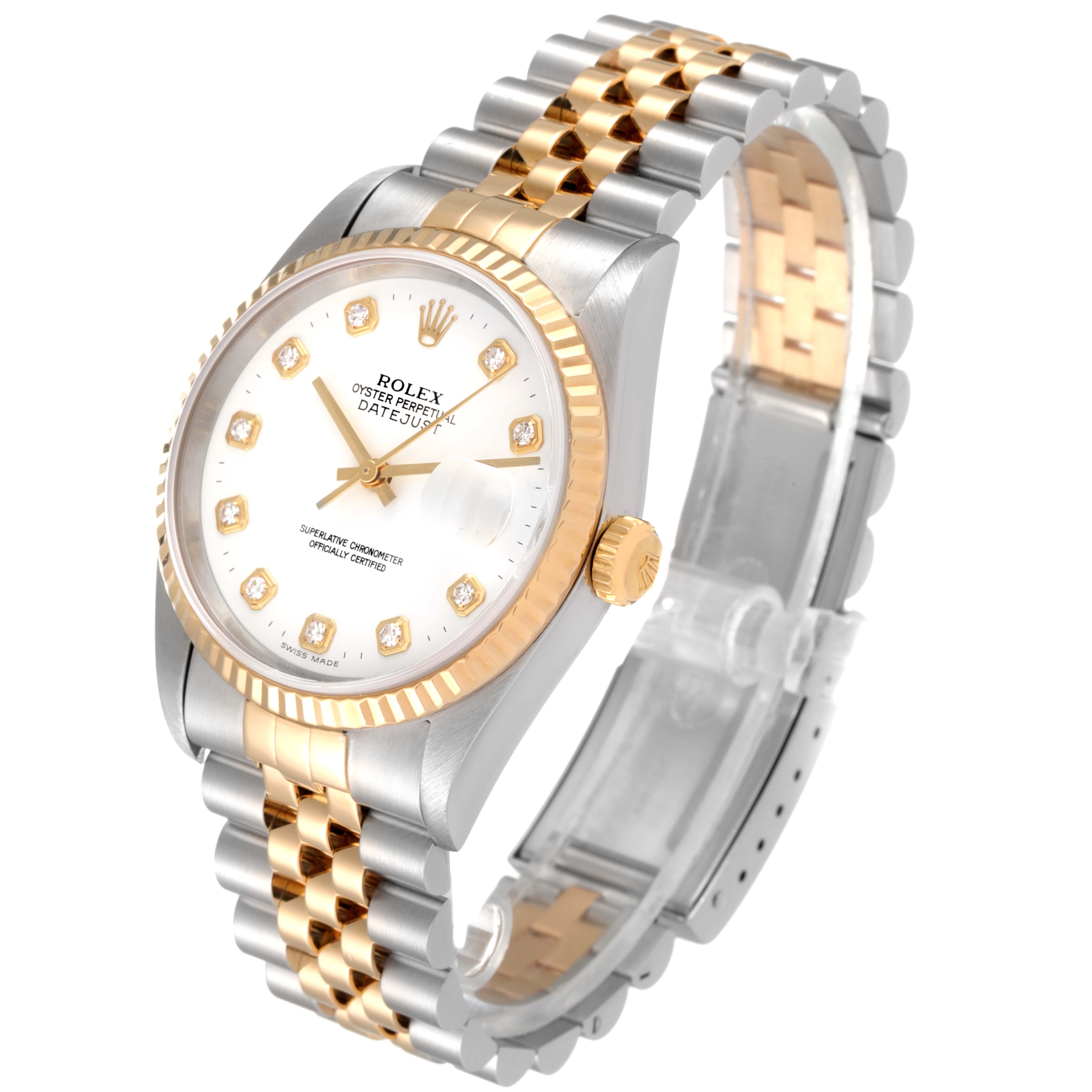 The image shows a Rolex Datejust 16233 Men's Steel and Gold (two tone) White Dial 16233 Men's Steel and Gold (two tone) White Dial watch at a slight angle, highlighting the gold and silver Jubilee bracelet and diamond hour markers.