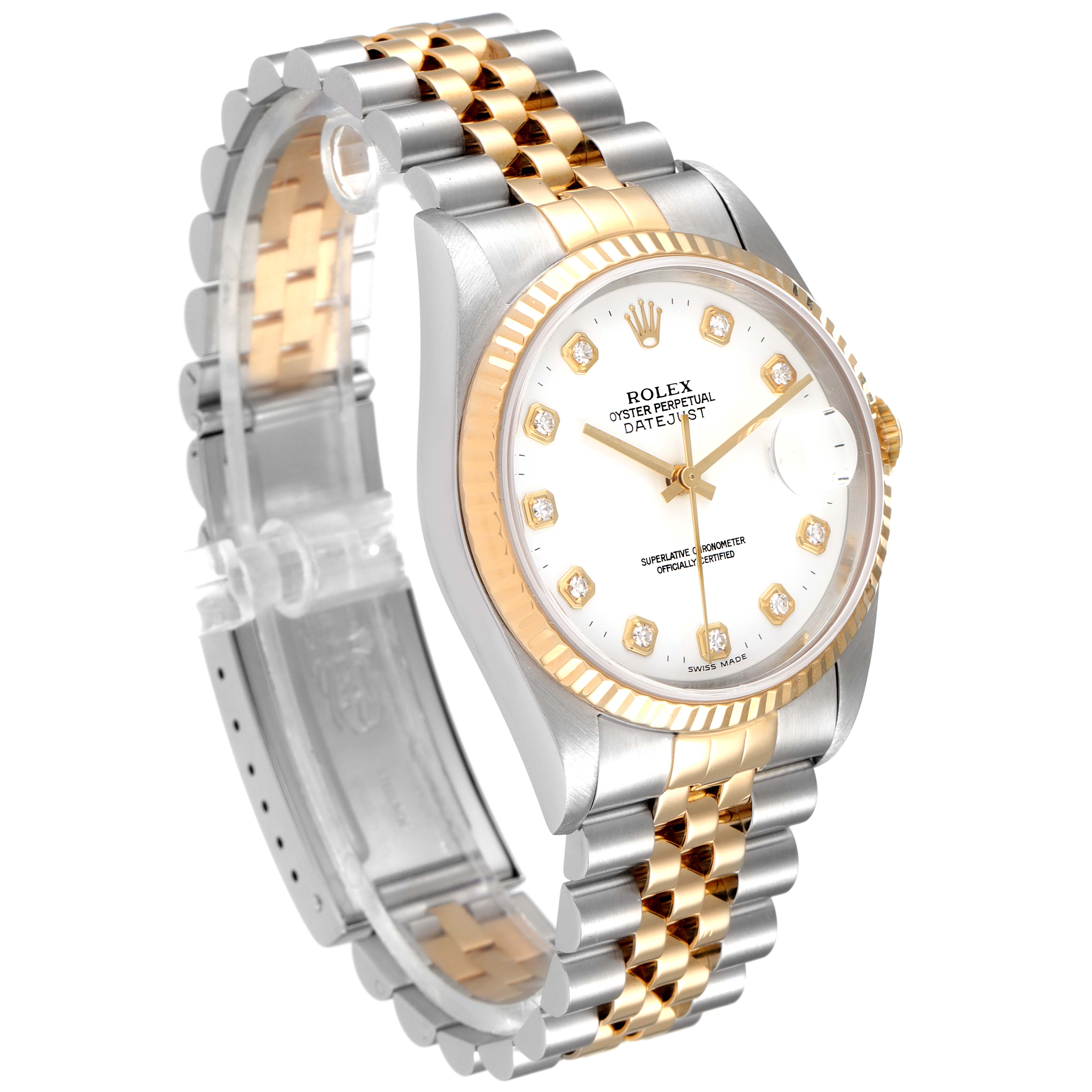 The image shows a side view of a Rolex Datejust 16233 Men's Steel and Gold (two tone) White Dial 16233 Men's Steel and Gold (two tone) White Dial watch, displaying the bracelet, case, and face with diamond markers.