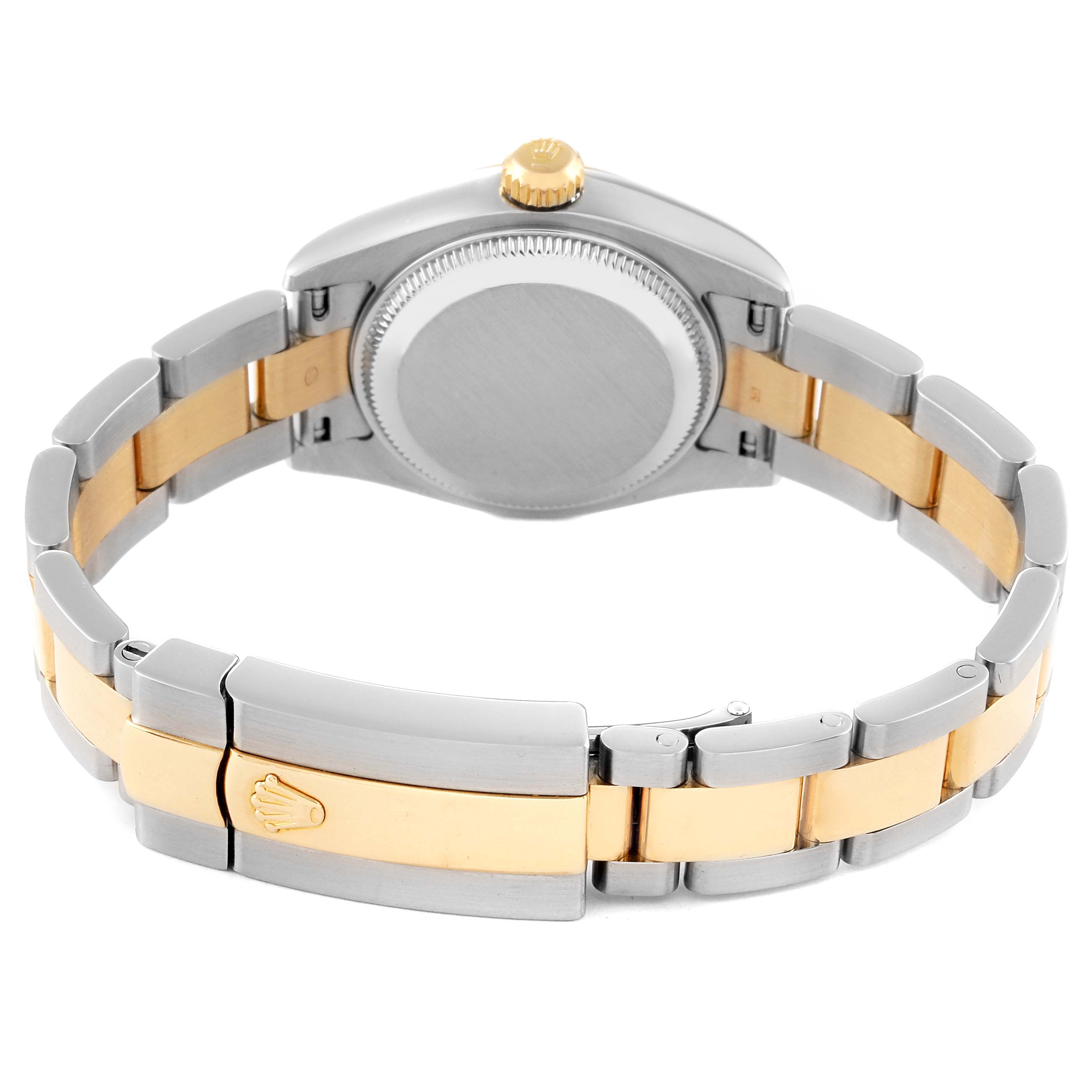 The image shows the back of the Rolex Datejust 179163 Women's Steel and Gold (two tone) White Dial 179163 Women's Steel and Gold (two tone) White Dial watch with a two-tone bracelet and closed clasp.