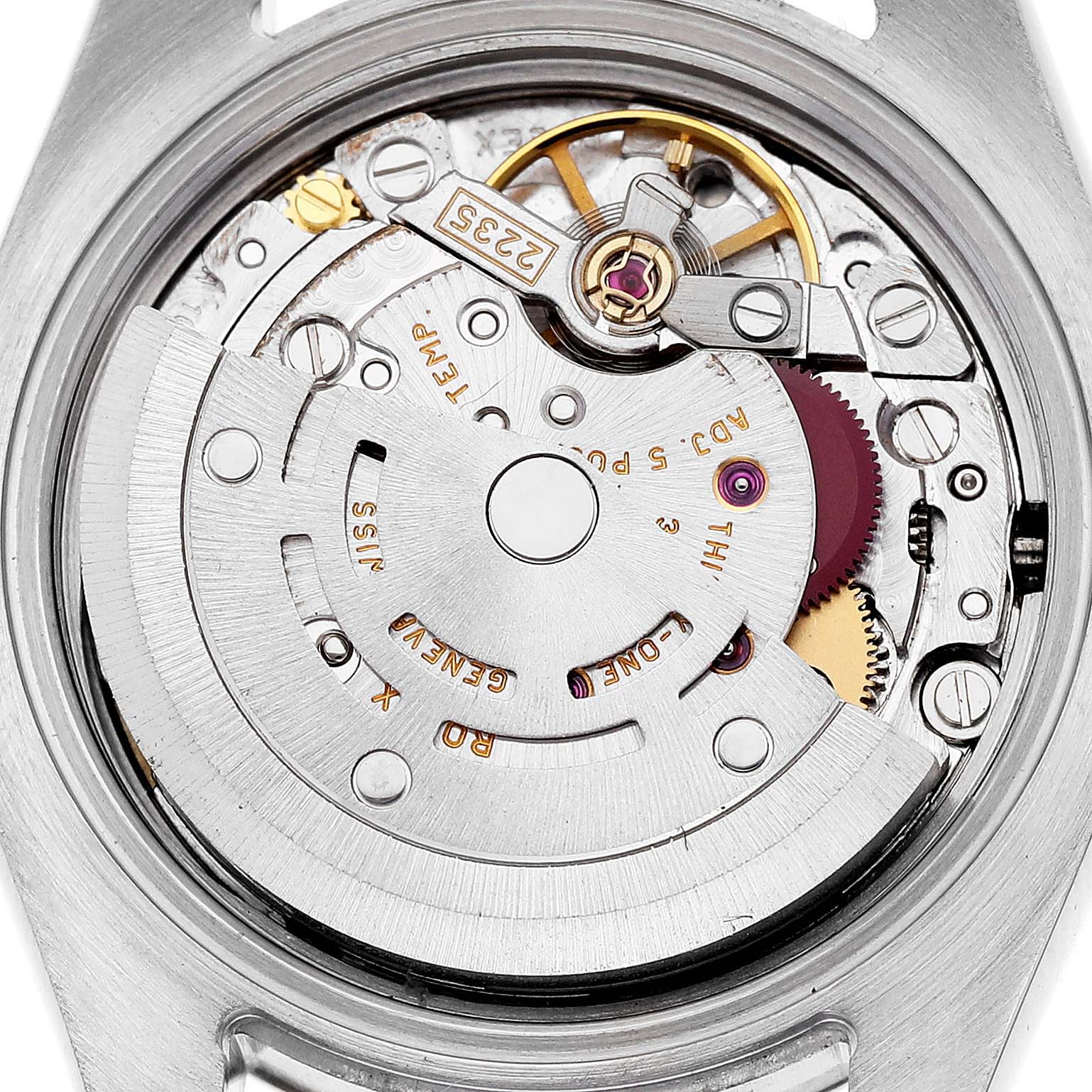 This image shows the inner movement mechanism of a Rolex Datejust 179163 Women's Steel and Gold (two tone) White Dial 179163 Women's Steel and Gold (two tone) White Dial watch from a close-up, top-down angle.