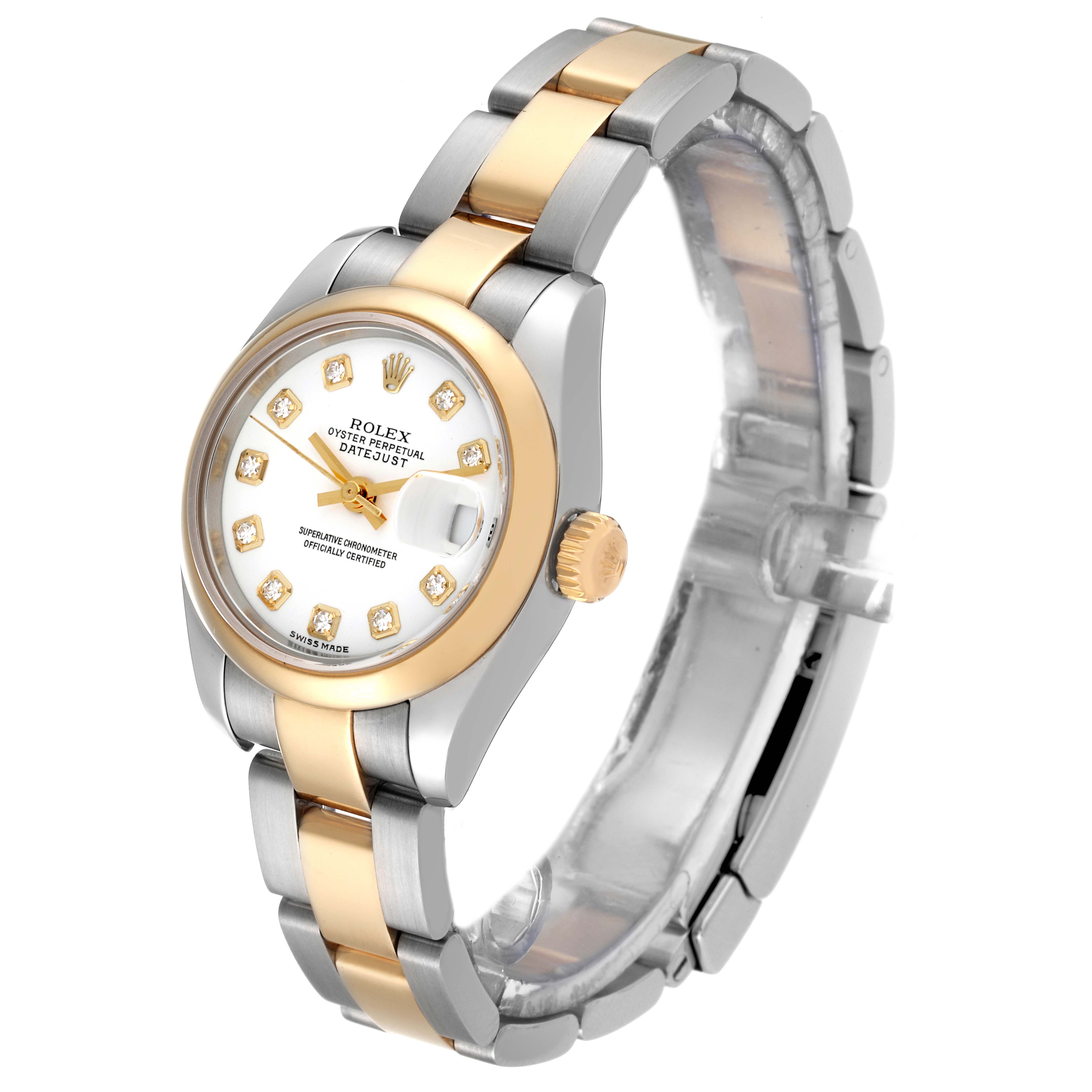 The Rolex Datejust 179163 Women's Steel and Gold (two tone) White Dial 179163 Women's Steel and Gold (two tone) White Dial watch is shown at a three-quarter angle, displaying the face, bezel, crown, and bracelet.