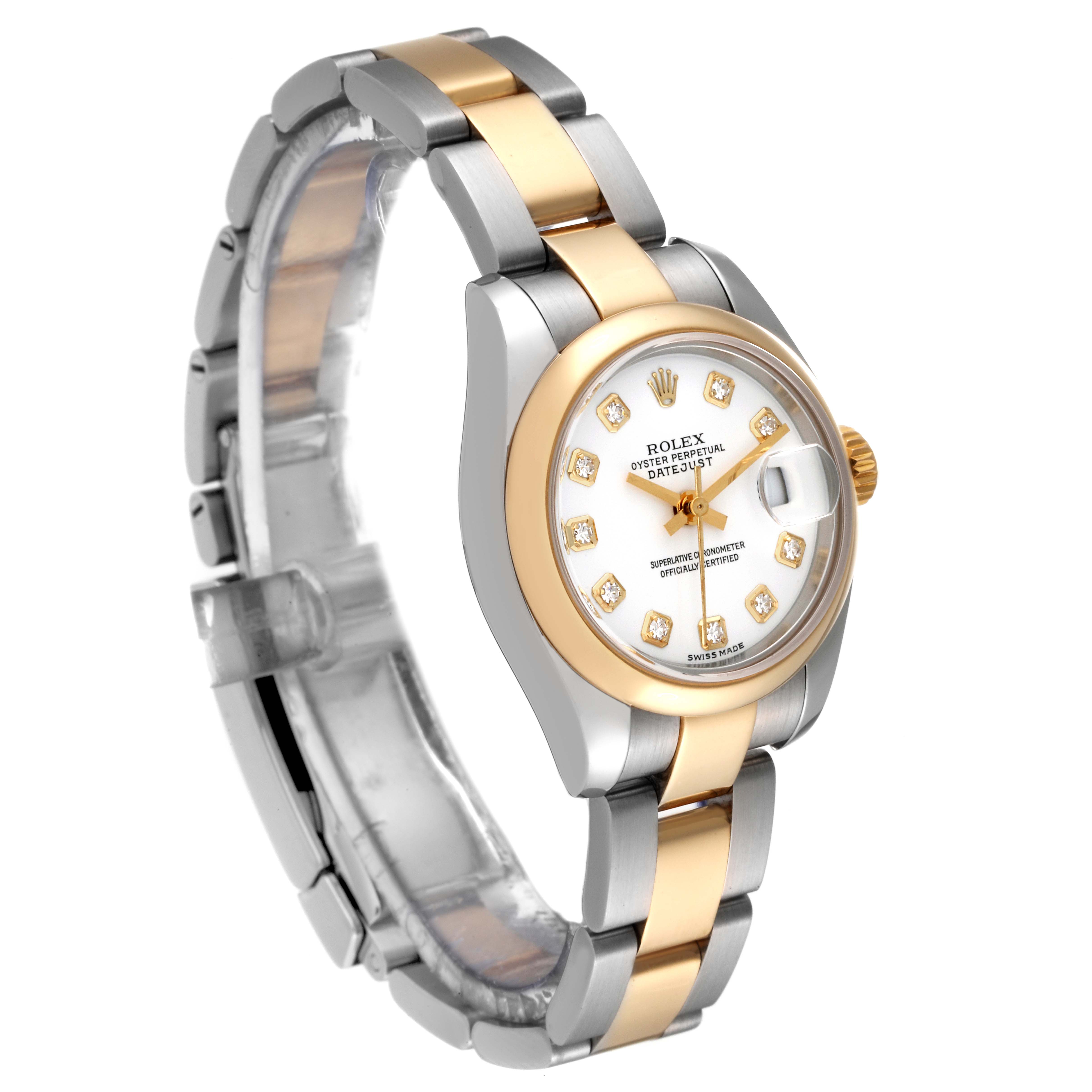 The image shows a Rolex Datejust 179163 Women's Steel and Gold (two tone) White Dial 179163 Women's Steel and Gold (two tone) White Dial watch from a three-quarter angle, highlighting its two-tone bracelet and diamond-accented dial.