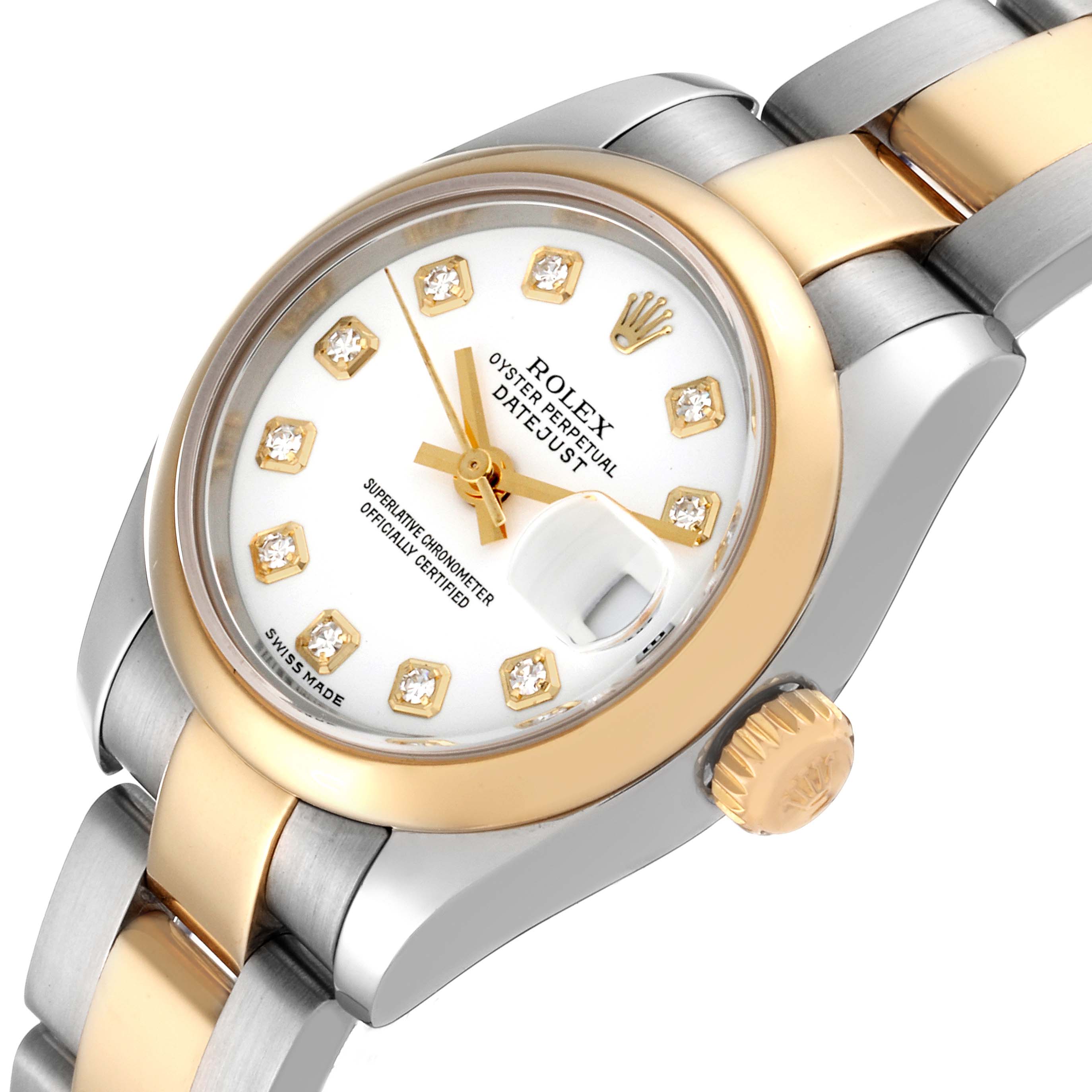 The image shows a Rolex Datejust 179163 Women's Steel and Gold (two tone) White Dial 179163 Women's Steel and Gold (two tone) White Dial watch at an angle highlighting the watch face, bezel, crown, and part of the bracelet.